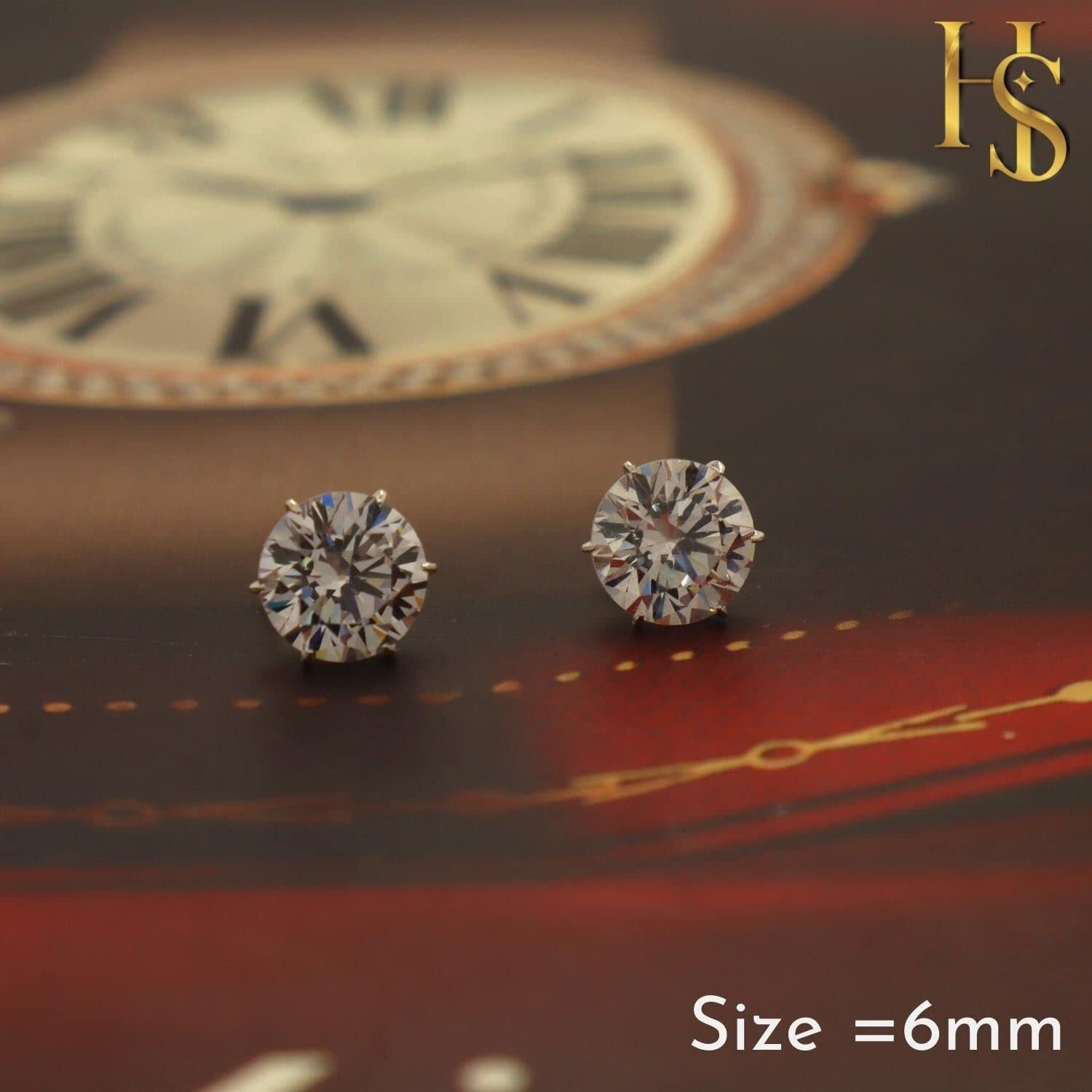 HIGHSPARK 925 Silver Solitaire Stud Earrings | 92.5 Sterling Silver & Round Brilliant Cubic Zirconia Tops for Men Women | Silver 6mm