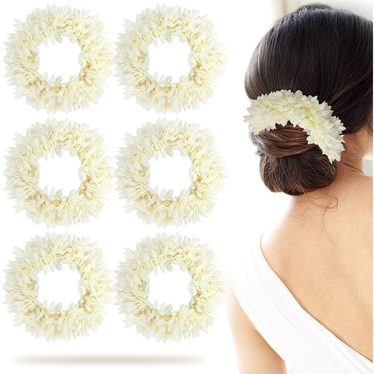 Diversa Artificial Gajra Flower Scrunchies For Hair Bun, Bracelet, Juda, and Ponytail Wedding Jewellery Reusable Fragrance Hair Mogra Gajra Tie For Women/Girls (3pcs Scented White) Gajra Scented Mogra Hair Accessories