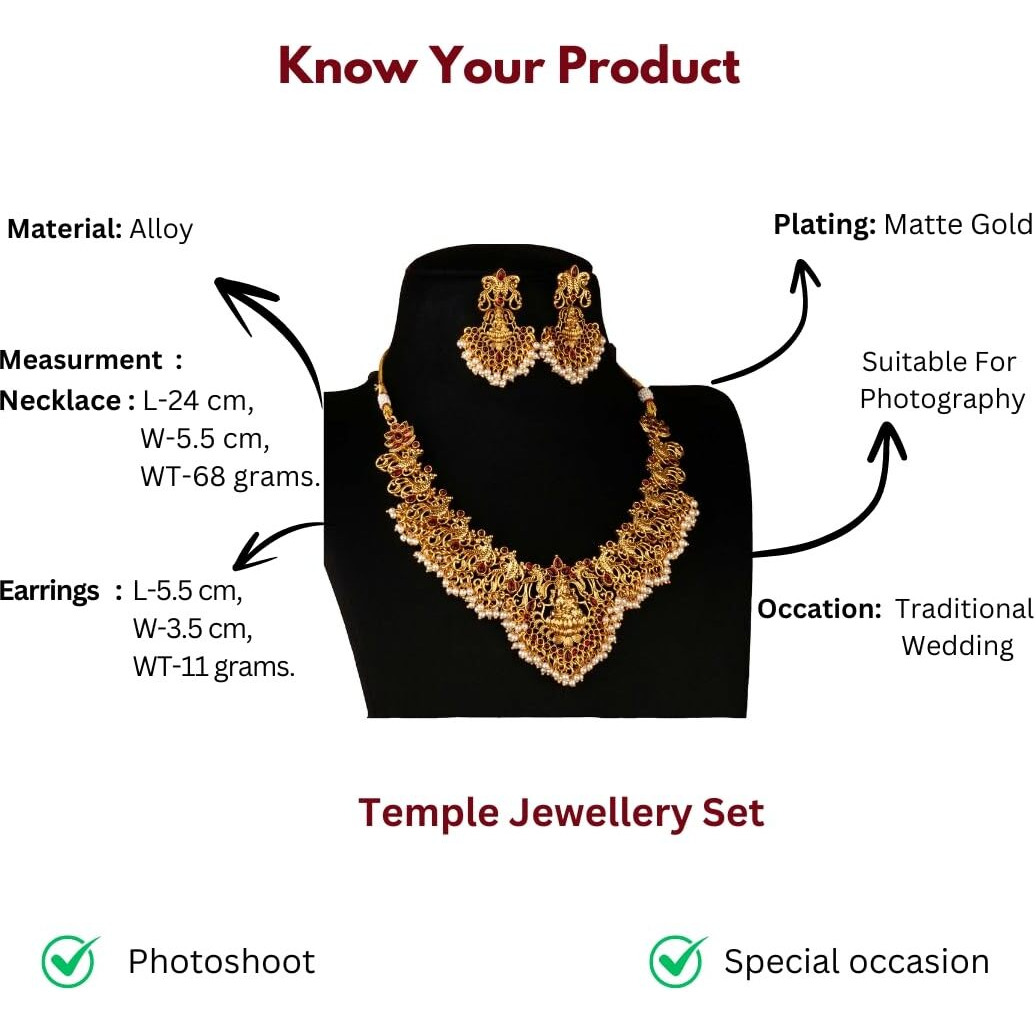 Sasitrends Traditional Ethnic Gold Plated Short Necklace Temple Jewellery Set for Women & Girls