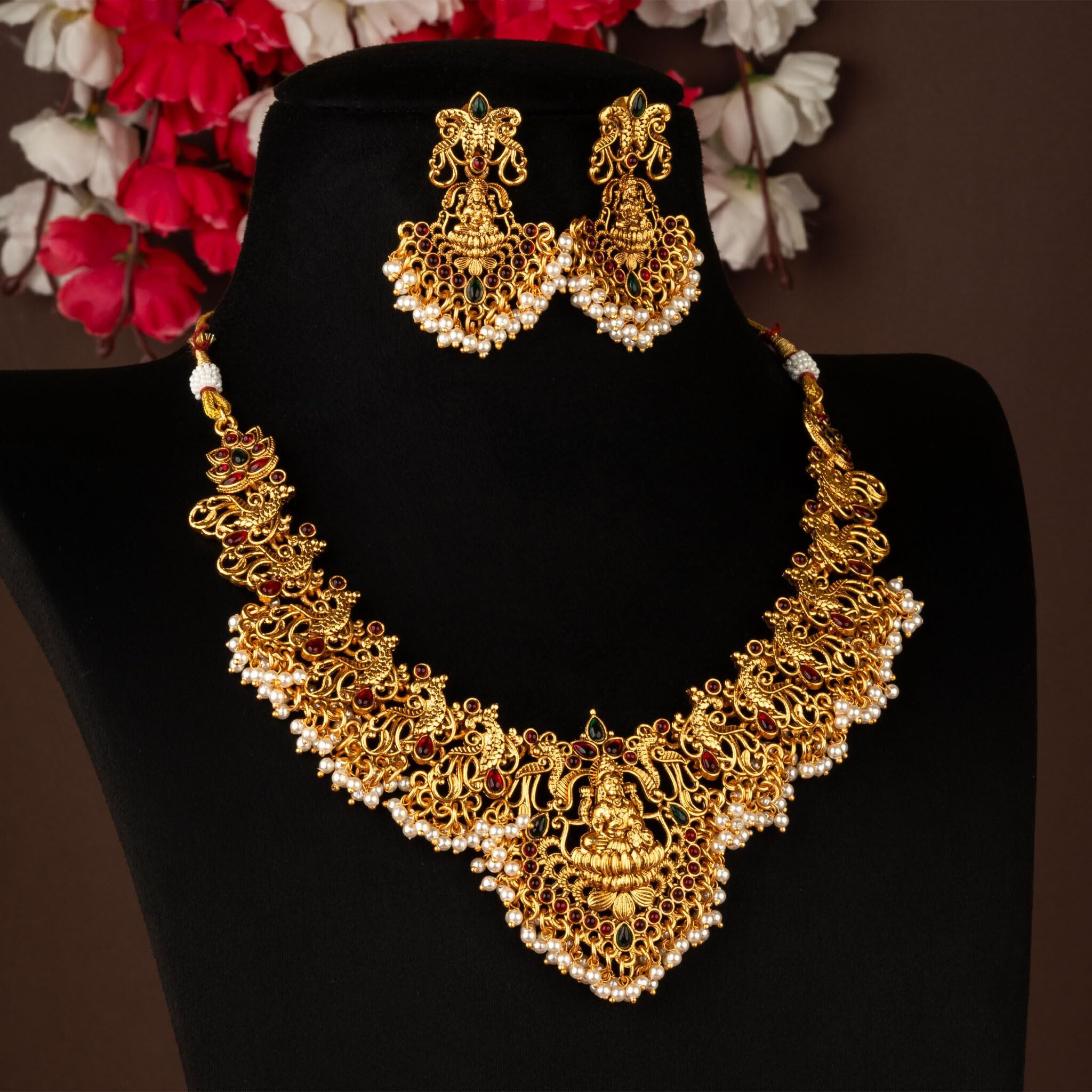 Sasitrends Traditional Ethnic Gold Plated Short Necklace Temple Jewellery Set for Women & Girls