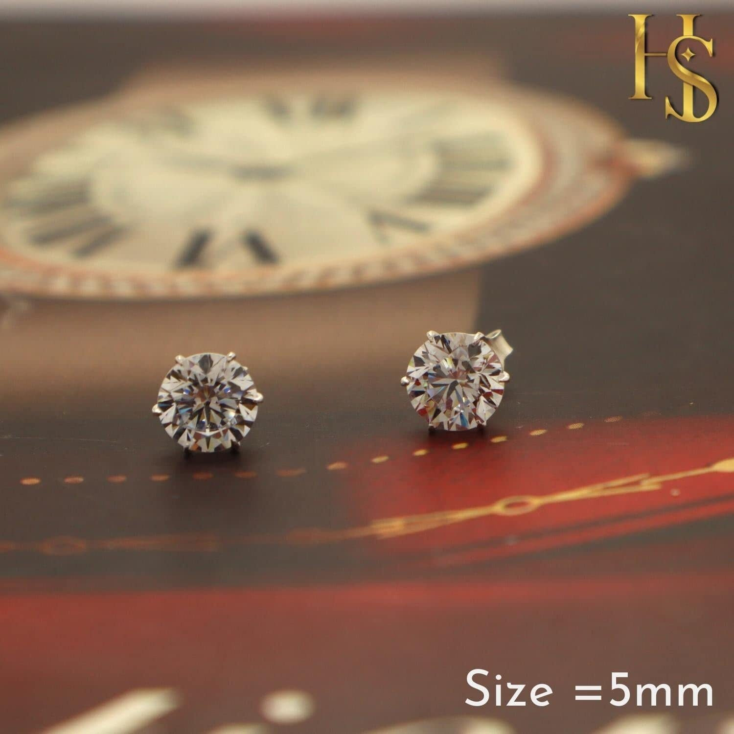 HIGHSPARK 925 Silver Solitaire Stud Earrings | 92.5 Sterling Silver & Round Brilliant Cubic Zirconia Tops for Men Women | Silver 5mm