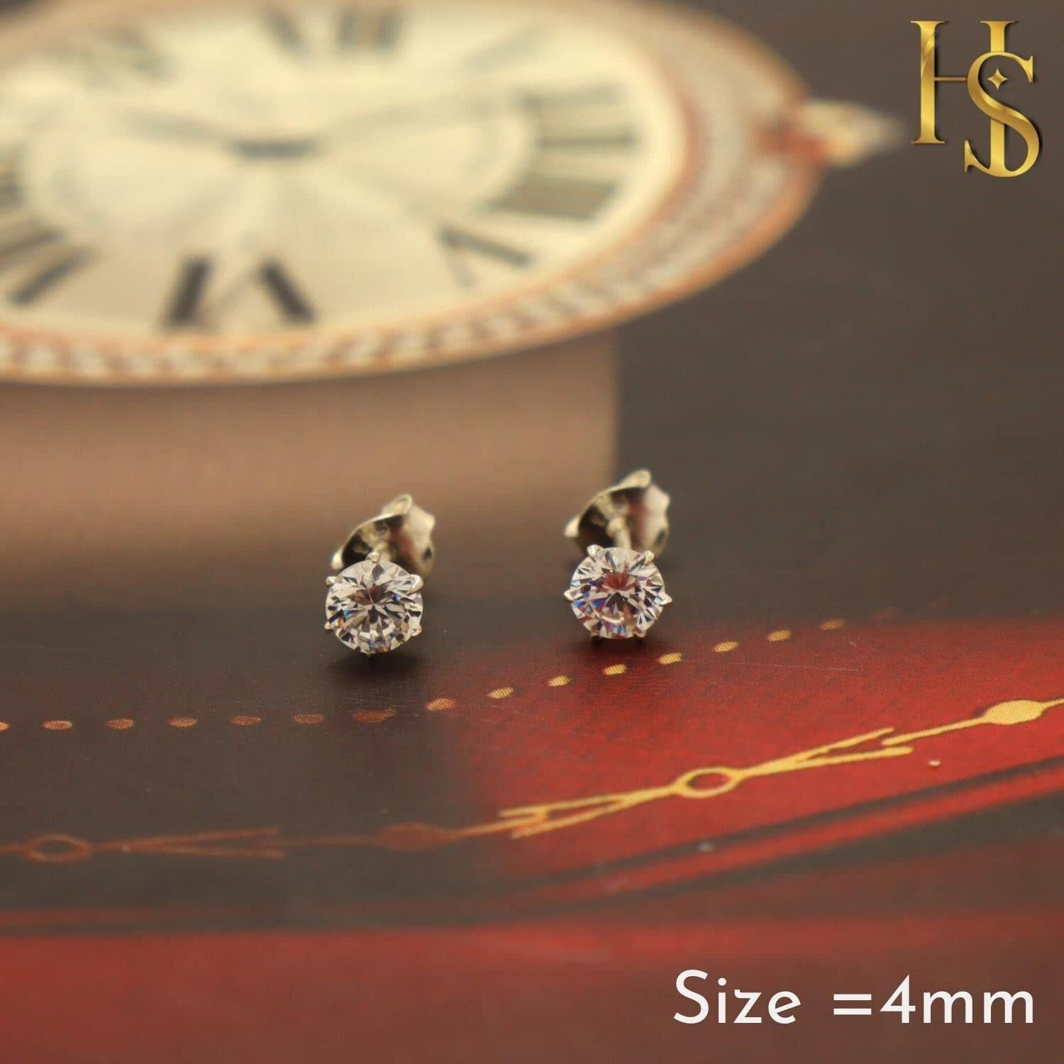 HIGHSPARK 925 Silver Solitaire Stud Earrings | 92.5 Sterling Silver & Round Brilliant Cubic Zirconia Tops for Men Women | Silver 4mm