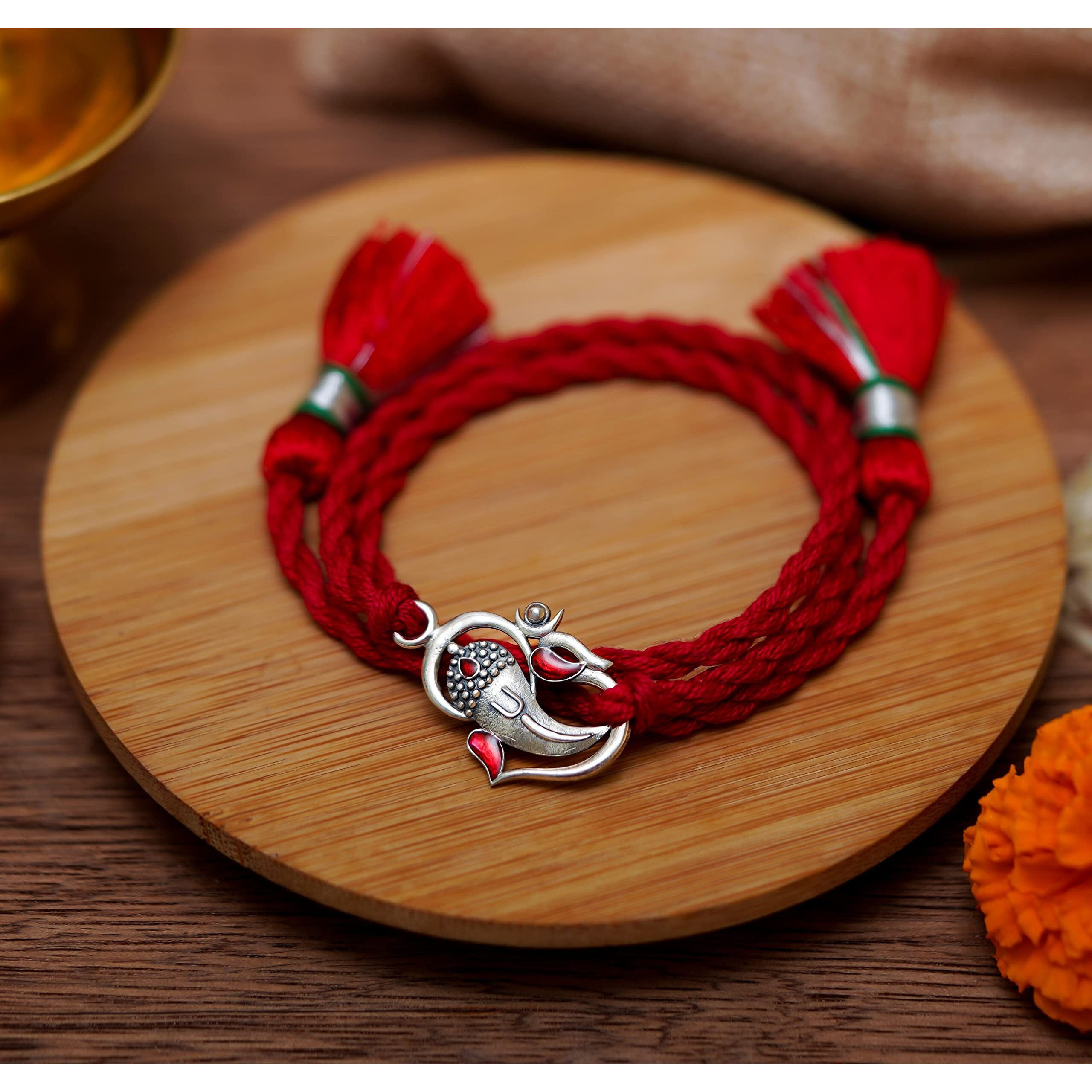 Meenakari Mens Cotton 92.5 Sterling Silver Om Ganesha Rakhi Bracelet for Brother (Red)