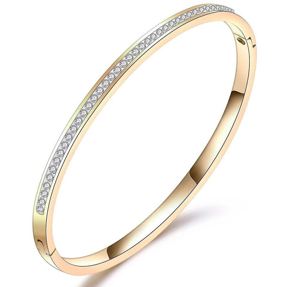 Shining Diva Fashion 18K Gold Plated Stainless Steel Openable Crystal Bracelet | Cuff Bangle | Friendship Couple Wedding Gifts for Mother Sister Wife Girlfriend | Anti Tarnish Jewellery (D_Gold)