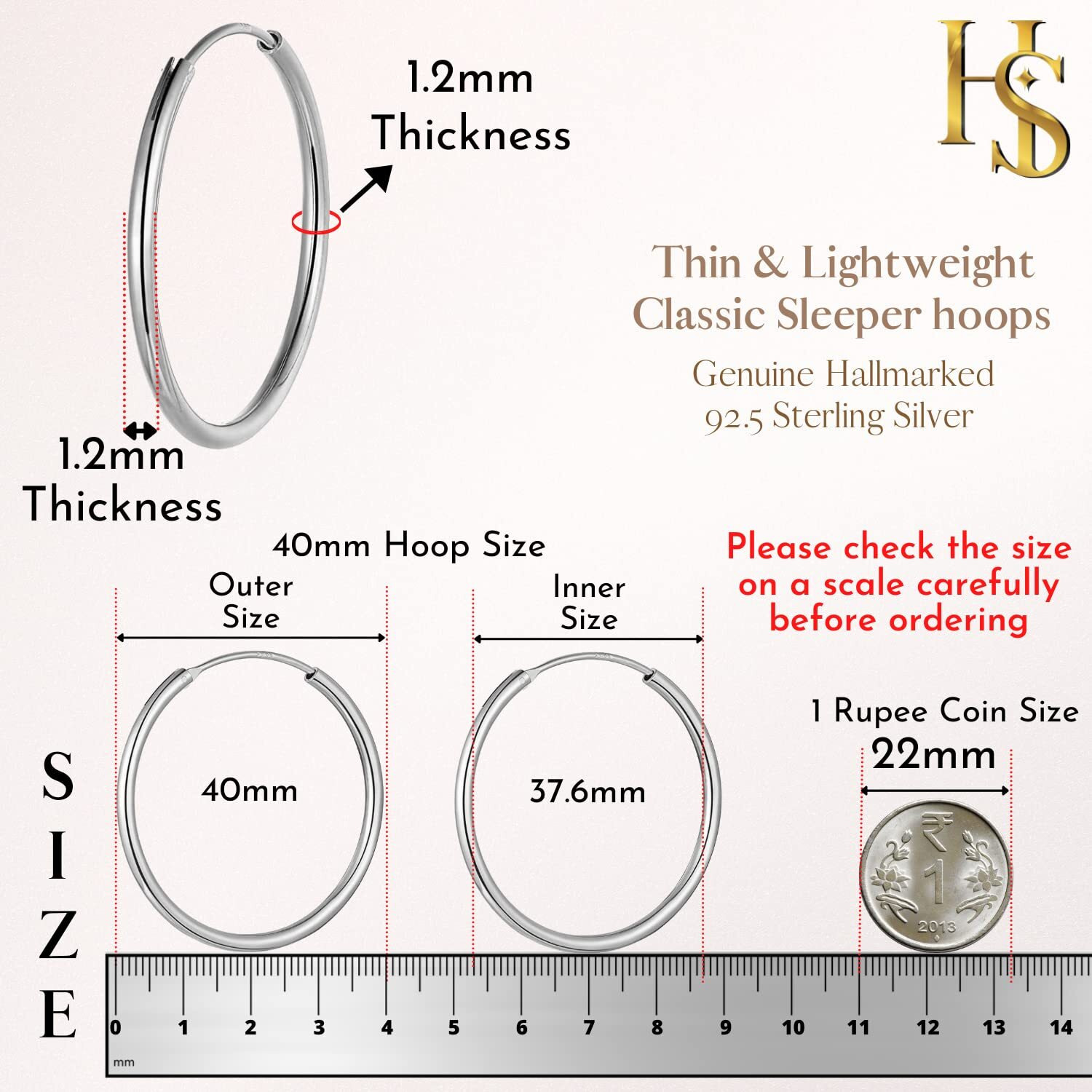 HIGHSPARK 925 Silver Hoop Earrings | 92.5 Sterling Silver Round Classic Endless Hoops Sizes 10mm to 40mm | Lovely Gift for Men Women Boys & Girls - Silver 40mm