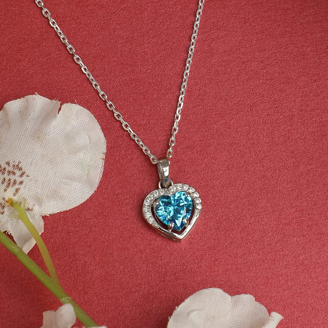 Clara 925 Sterling Silver Sky Blue Heart Pendant with Chain Necklace | Rhodium Plated, Swiss Zirconia | Gift for Women & Girls