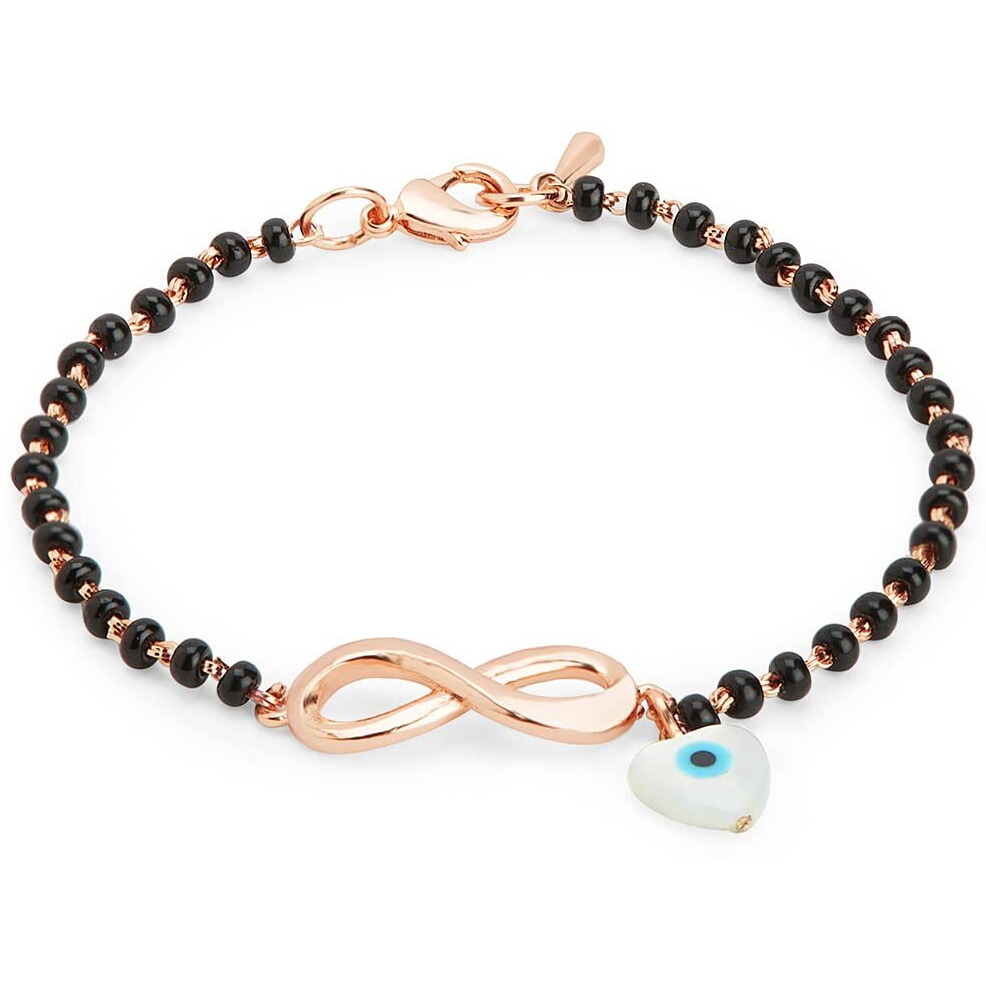 MINUTIAE Adjustable Stylish Infinity Sign With Evil Eye Black Beads Mangalsutra Brass Bracelet for Women (Rose Gold)