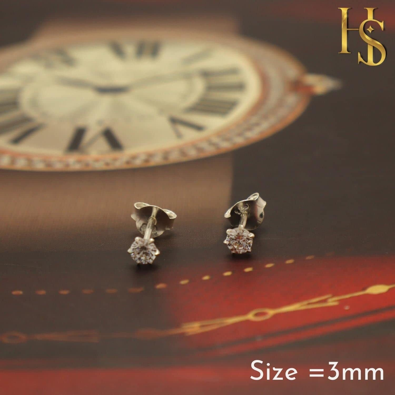 HIGHSPARK 925 Silver Solitaire Stud Earrings | 92.5 Sterling Silver & Round Brilliant Cubic Zirconia Tops for Men Women | Silver 3mm