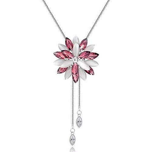 Shining Diva Fashion Stylish Crystal Flower Silver Plated Pink Long Chain Pendant for Women (rrsd10733np)