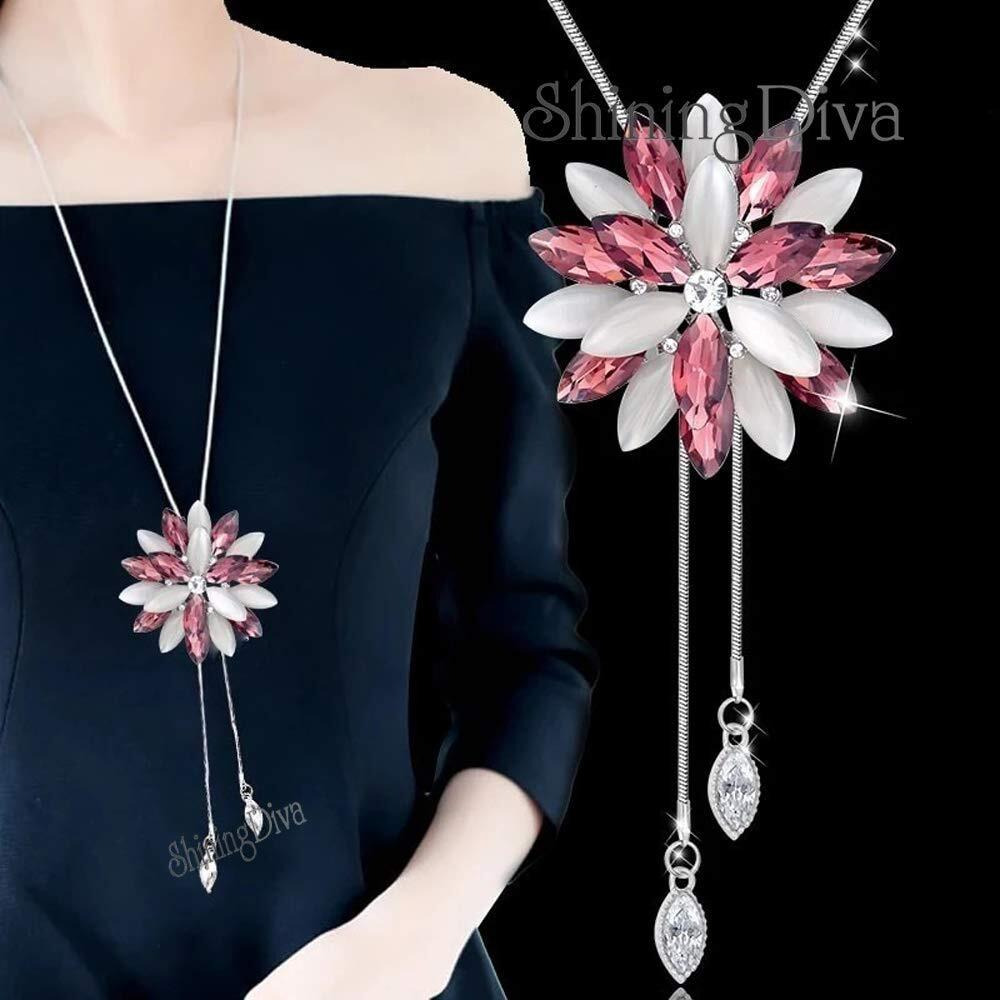 Shining Diva Fashion Stylish Crystal Flower Silver Plated Pink Long Chain Pendant for Women (rrsd10733np)