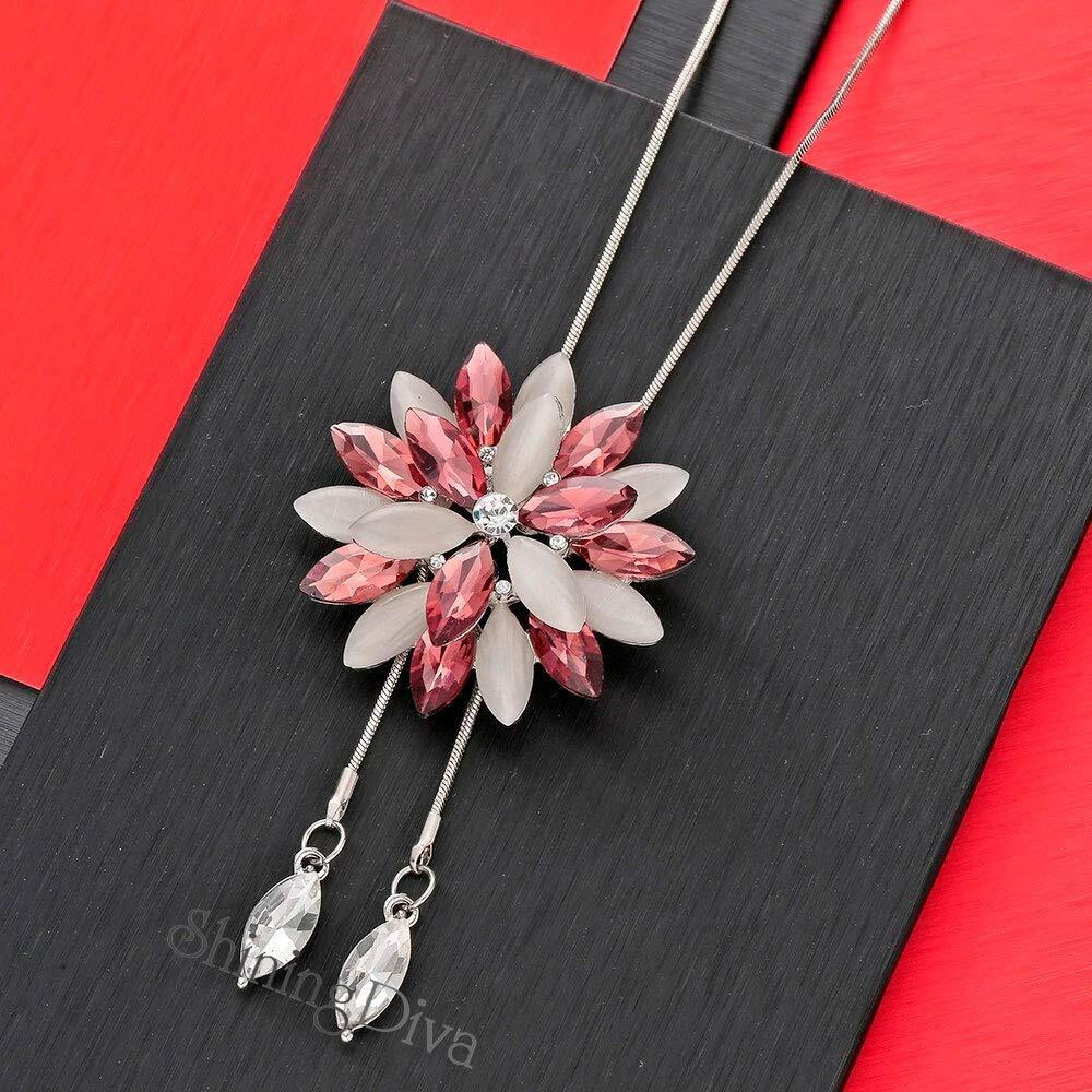 Shining Diva Fashion Stylish Crystal Flower Silver Plated Pink Long Chain Pendant for Women (rrsd10733np)