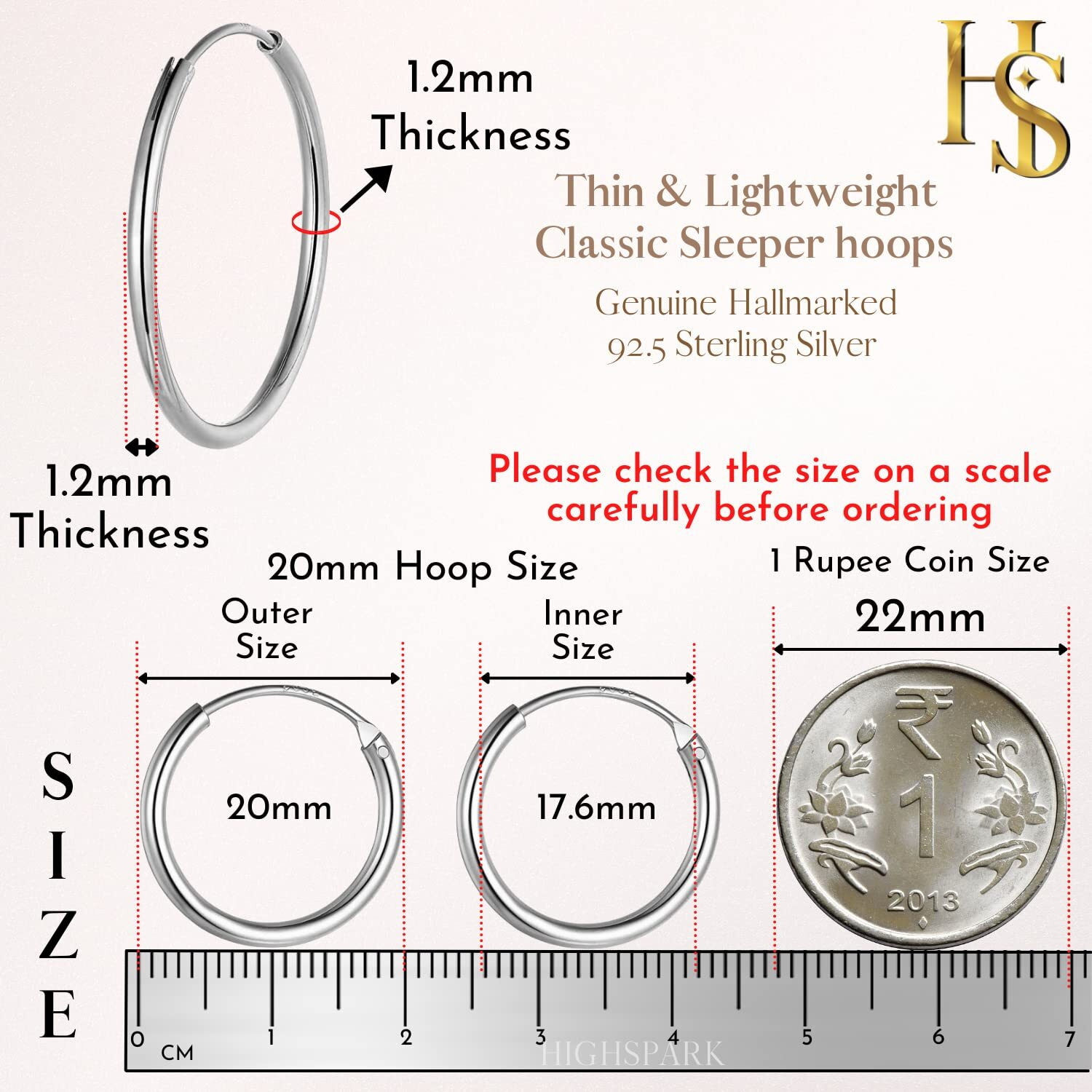 HIGHSPARK 925 Silver Hoop Earrings | 92.5 Sterling Silver Round Classic Endless Hoops Sizes 10mm to 40mm | Lovely Gift for Men Women Boys & Girls - Silver 20mm