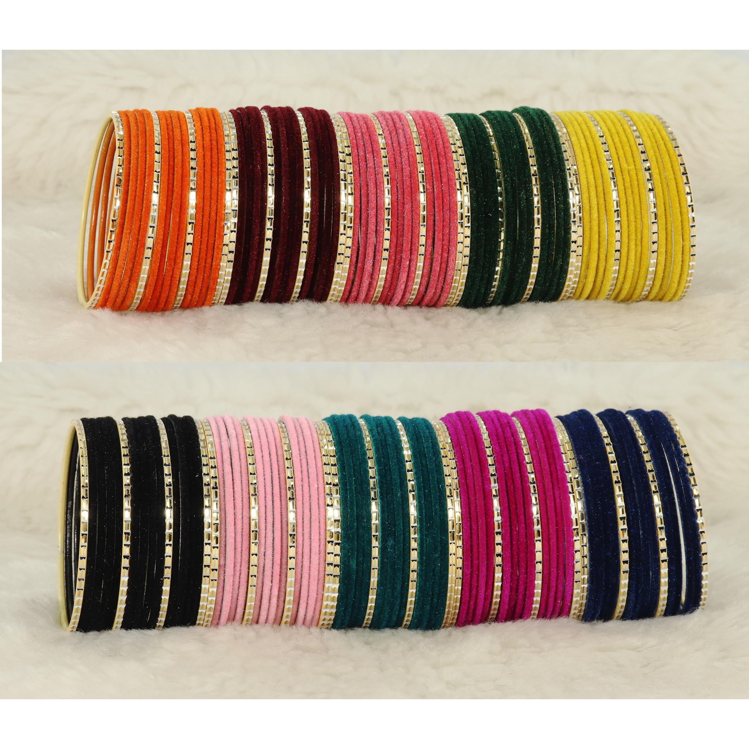 NMII 10 Colour Velvet Bangles Combo Set For Women and Girls | Premium Metal Bangle Set | Multicolour Bangles Set | Traditional Plain Simple Velvet Bangles Set of 160 Bangles(Velvet-Chilai-Multi-2.8)