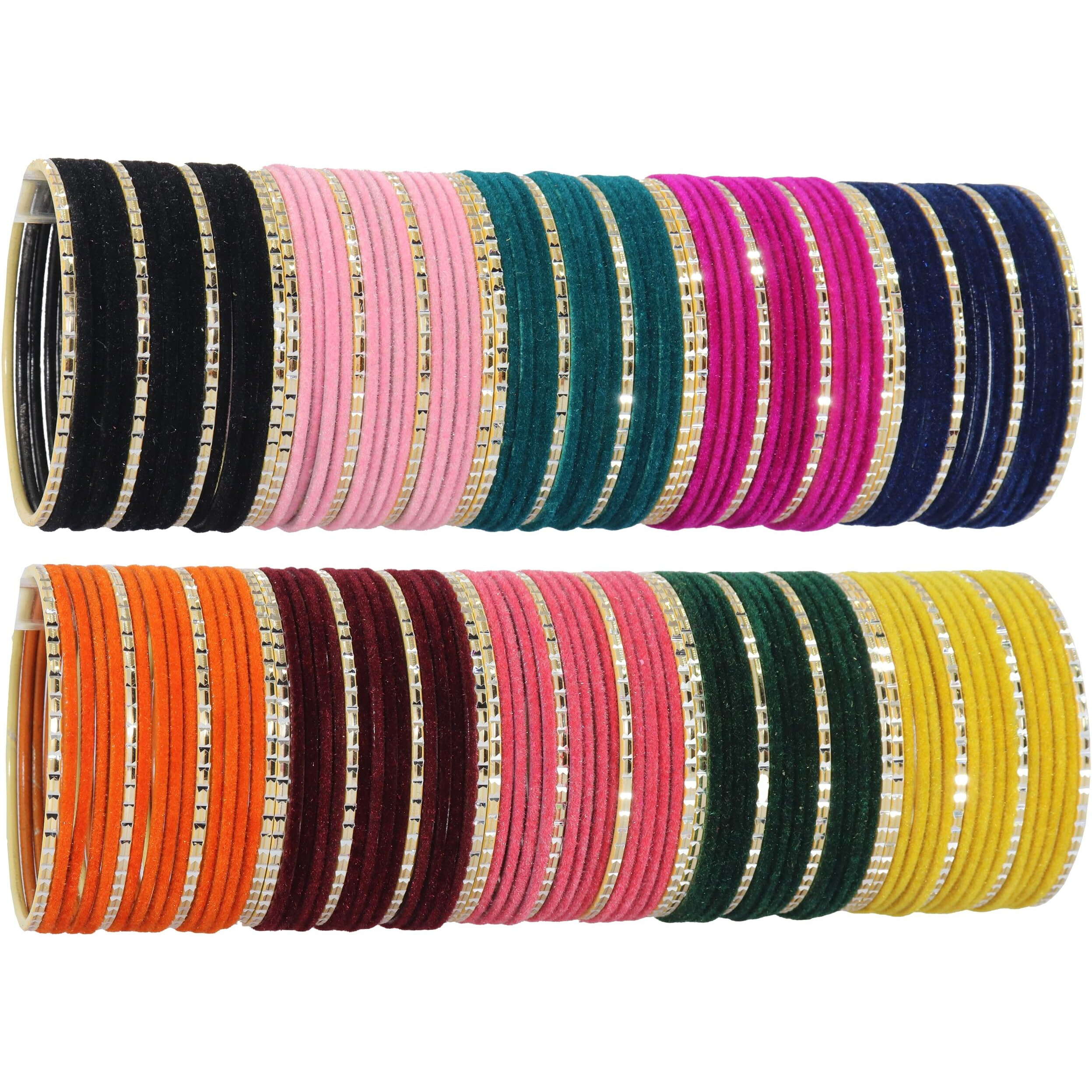 NMII 10 Colour Velvet Bangles Combo Set For Women and Girls | Premium Metal Bangle Set | Multicolour Bangles Set | Traditional Plain Simple Velvet Bangles Set of 160 Bangles(Velvet-Chilai-Multi-2.8)