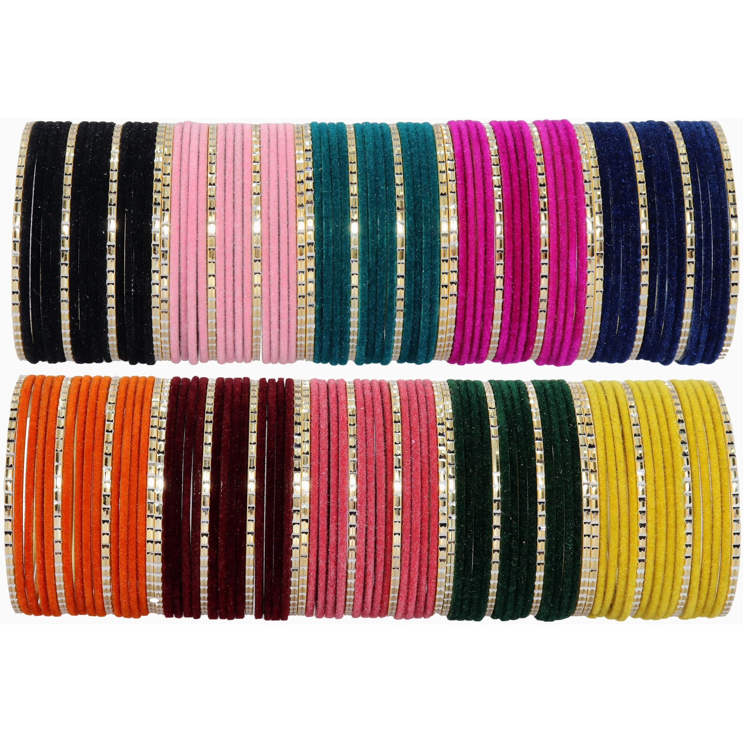 NMII 10 Colour Velvet Bangles Combo Set For Women and Girls | Premium Metal Bangle Set | Multicolour Bangles Set | Traditional Plain Simple Velvet Bangles Set of 160 Bangles(Velvet-Chilai-Multi-2.2)