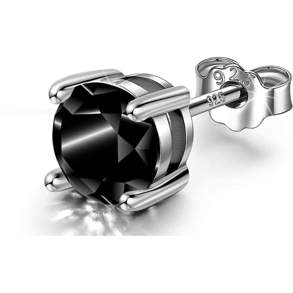 HIGHSPARK 925 Silver Mens Round Black Solitaire Stud Earring | 92.5 Sterling Silver & Stunning Shine Sparkling Zirconia | Single Stud for Men - Black 6mm