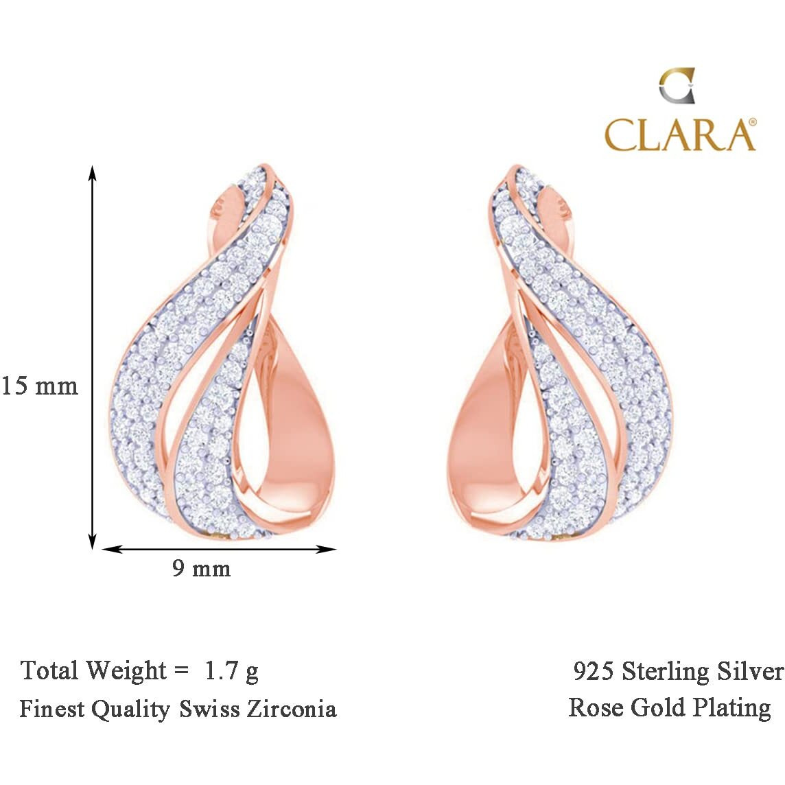 CLARA 925 Sterling Silver Agda Earrings with Screw Back | Rose Gold Rhodium Plated, Swiss Zirconia | Gift for Women & Girls