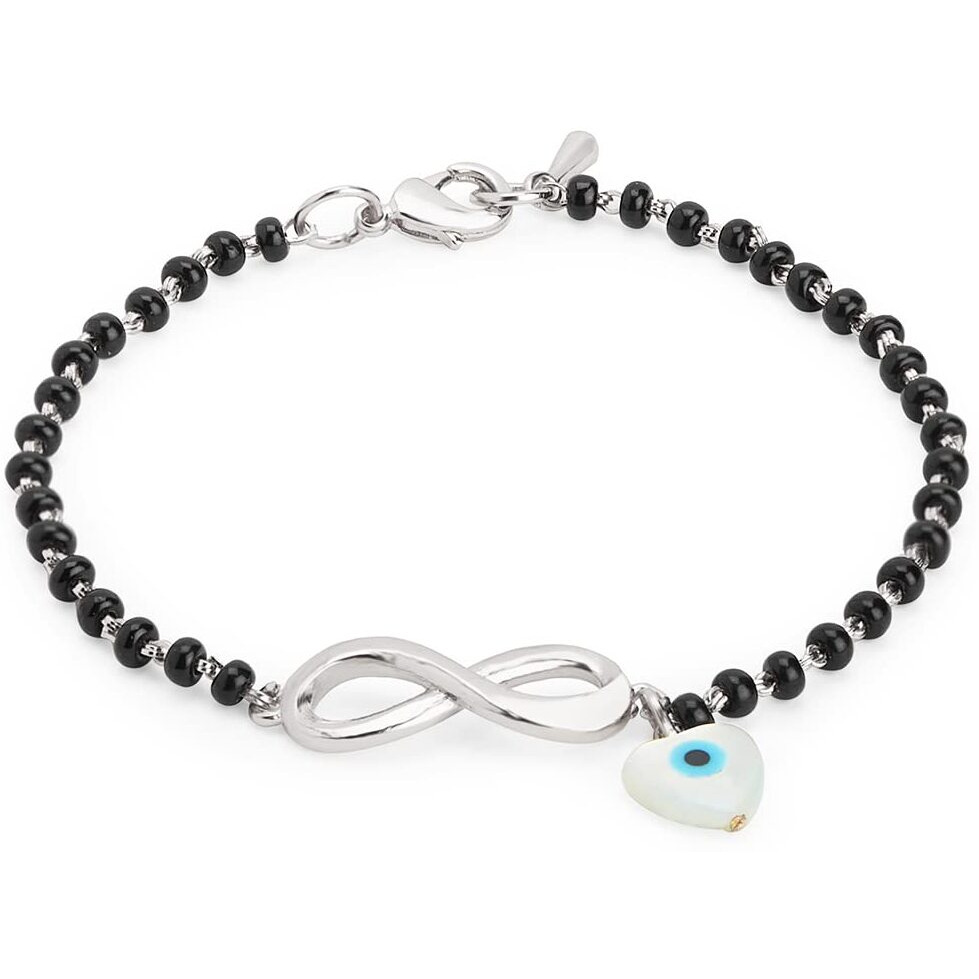 MINUTIAE Adjustable Stylish Infinity Sign With Evil Eye Black Beads Mangalsutra Brass Bracelet for Women (Silver)