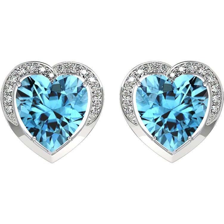 CLARA 925 Sterling Silver Sky Blue Heart Stud Earrings with Screw Back | Rhodium Plated, Swiss Zirconia | Gift for Women & Girls