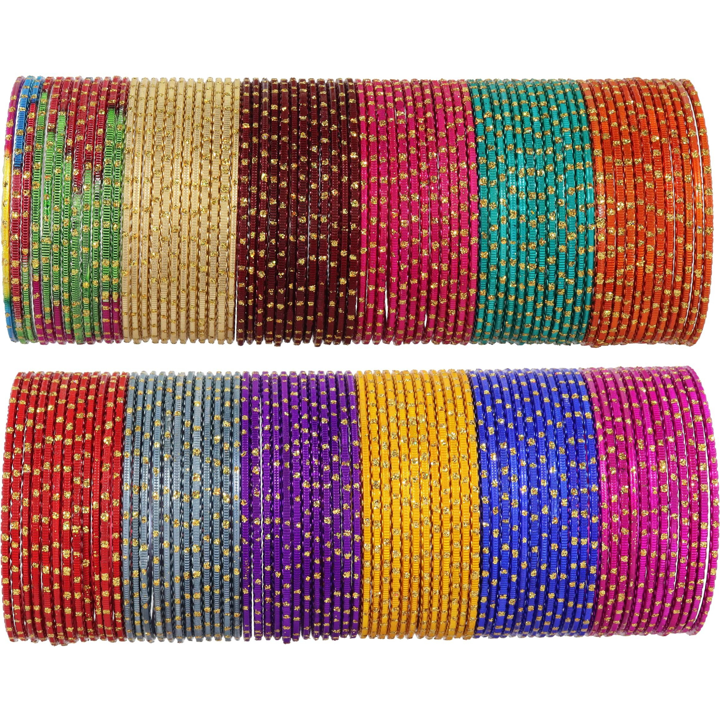 NMII Colourful Metal Bangles Set with Golden Polka Dots & Cutting Design For Women & Girls | Womens Bangles Combo | Traditional Design Golden Bangles | Chudi Set- Pack of 144, (NM_P17-Shreeji-2.4)