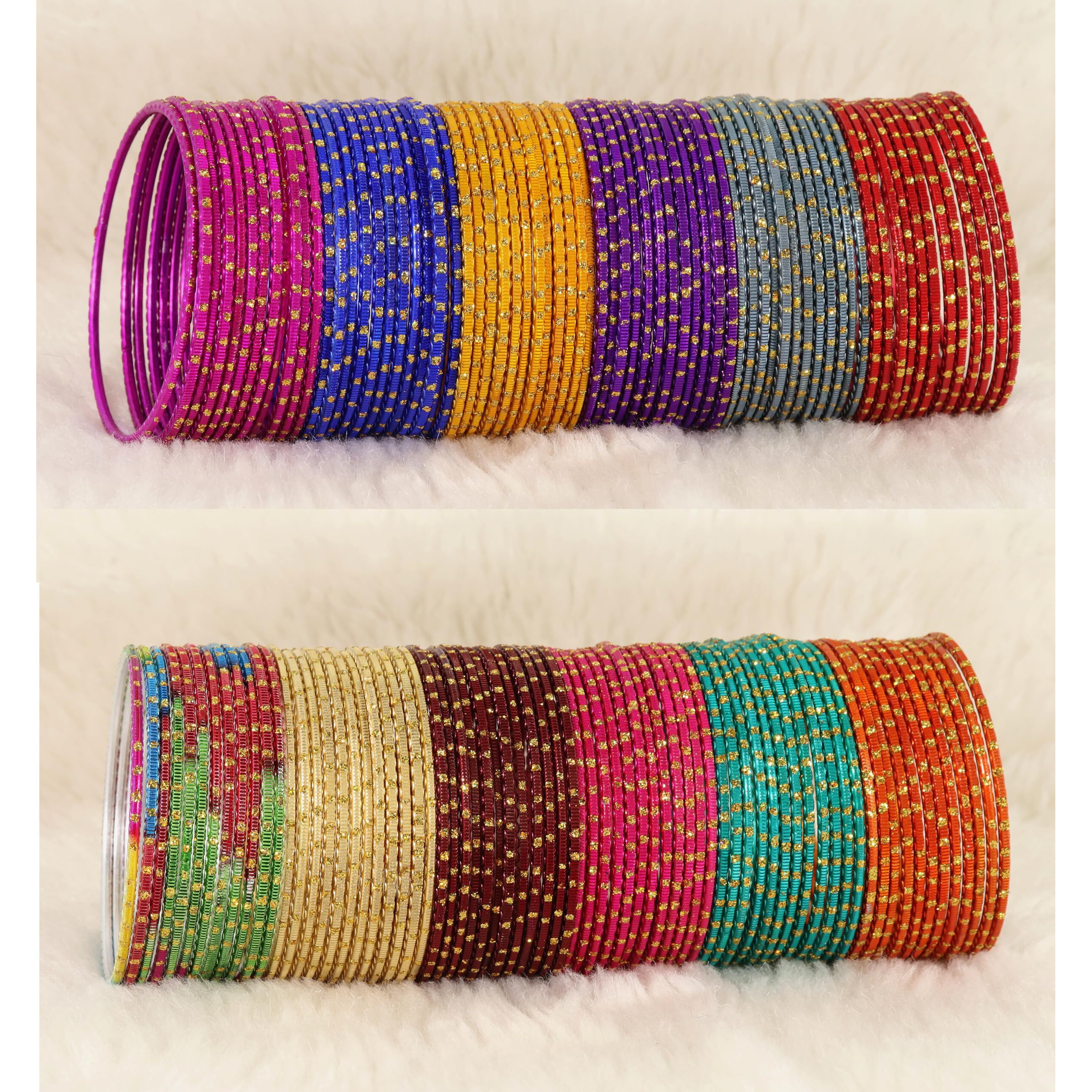 NMII Colourful Metal Bangles Set with Golden Polka Dots & Cutting Design For Women & Girls | Womens Bangles Combo | Traditional Design Golden Bangles | Chudi Set- Pack of 144, (NM_P17-Shreeji-2.4)