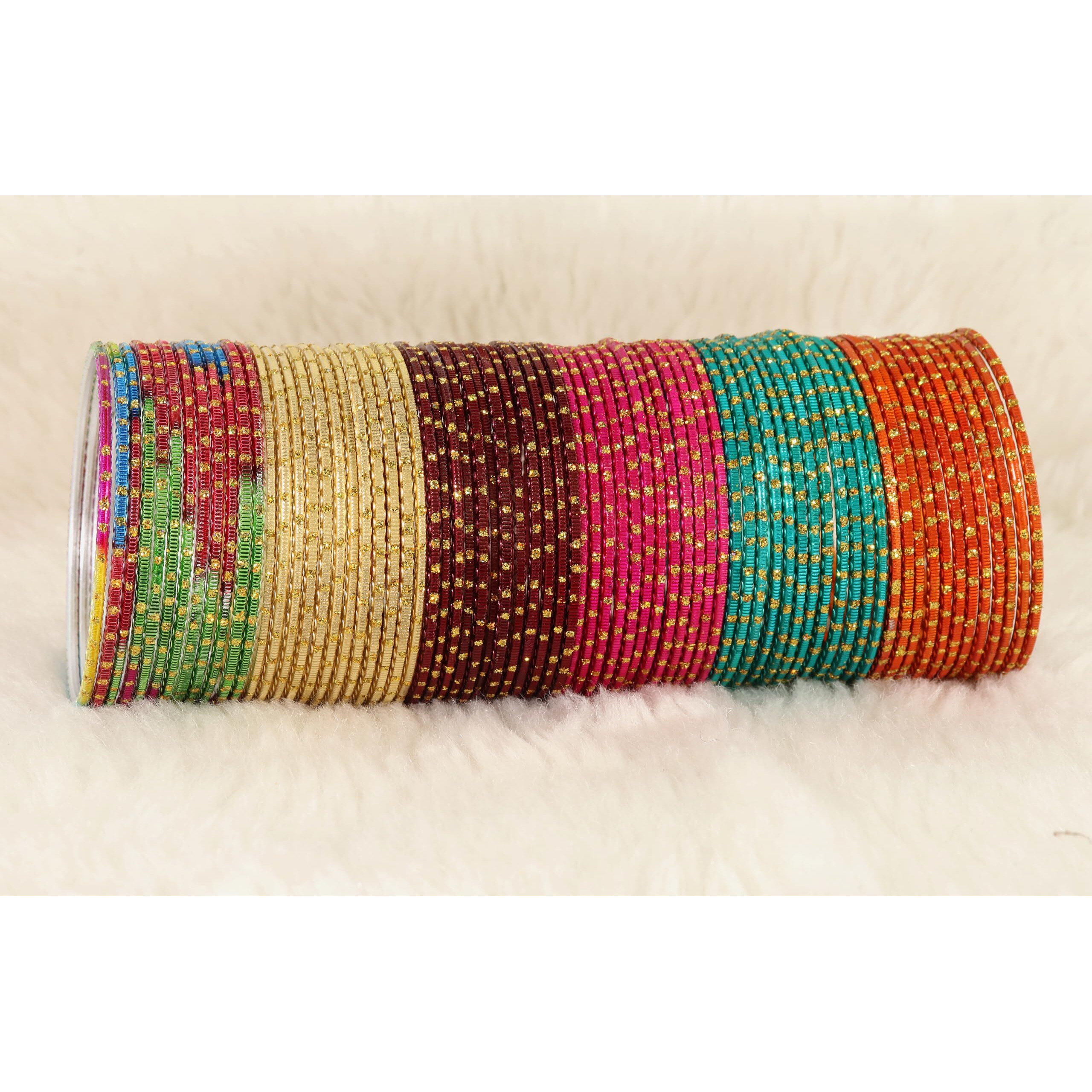 NMII Colourful Metal Bangles Set with Golden Polka Dots & Cutting Design For Women & Girls | Womens Bangles Combo | Traditional Design Golden Bangles | Chudi Set- Pack of 144, (NM_P17-Shreeji-2.4)