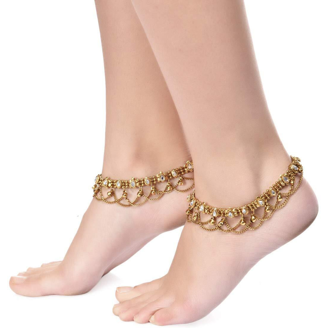 Shining Diva Non Precious Metal Gold Antique Kundan Payal Anklet for Women (6807a)