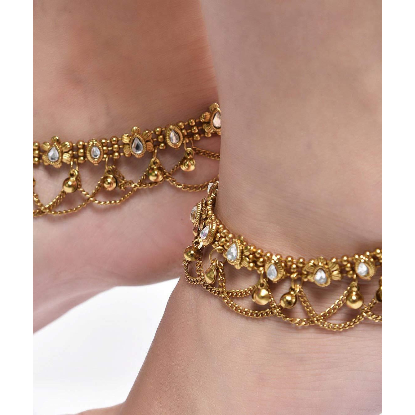 Shining Diva Non Precious Metal Gold Antique Kundan Payal Anklet for Women (6807a)