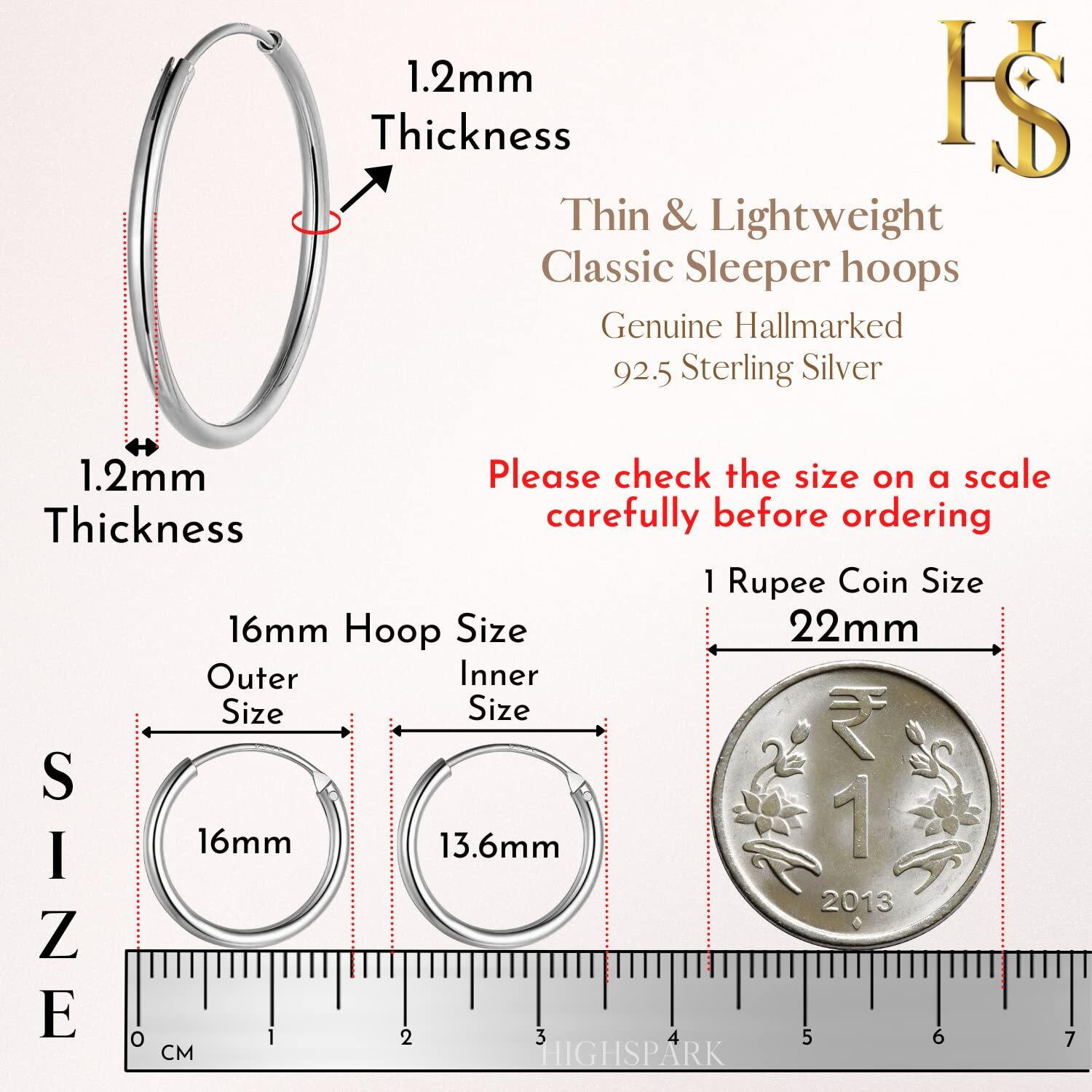 HIGHSPARK 925 Silver Hoop Earrings | 92.5 Sterling Silver Round Classic Endless Hoops Sizes 10mm to 40mm | Lovely Gift for Men Women Boys & Girls - Silver 16mm