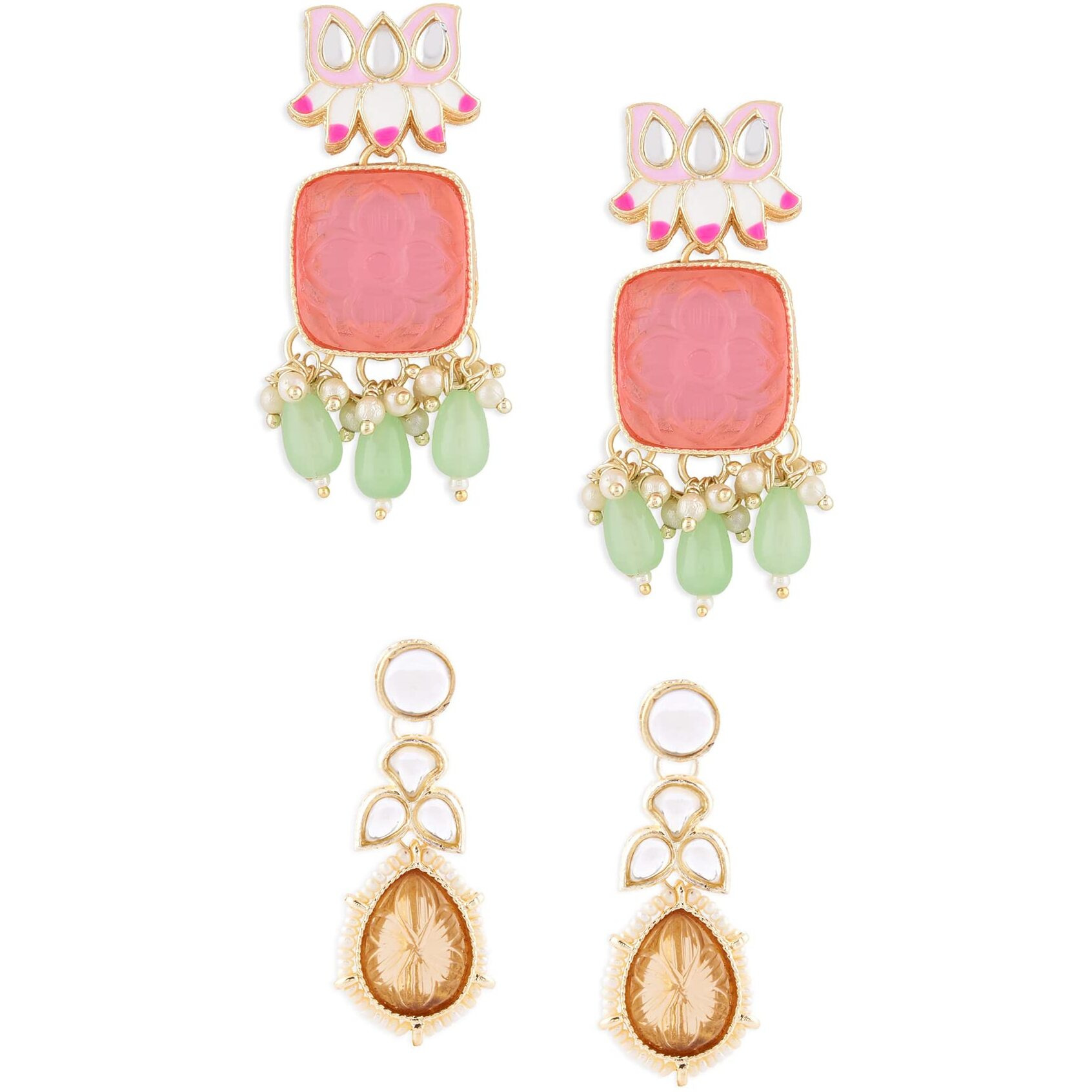 Zaveri Pearls Set of 2 Multicolor Ethnic Enamel Yellow Gold Drop Earrings For Women-ZPFK15181