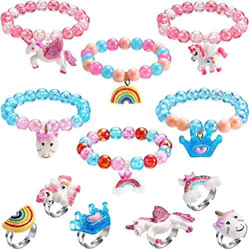 PATPAT Unicorn Bracelet for Kids Girls Jewelry Set Colorful Shiny Crystle Rainbow Unicorn Beaded Bracelet Hand with Girls Finger Rings, Bracelet for Gift Girls (Multi) - 12 Pcs