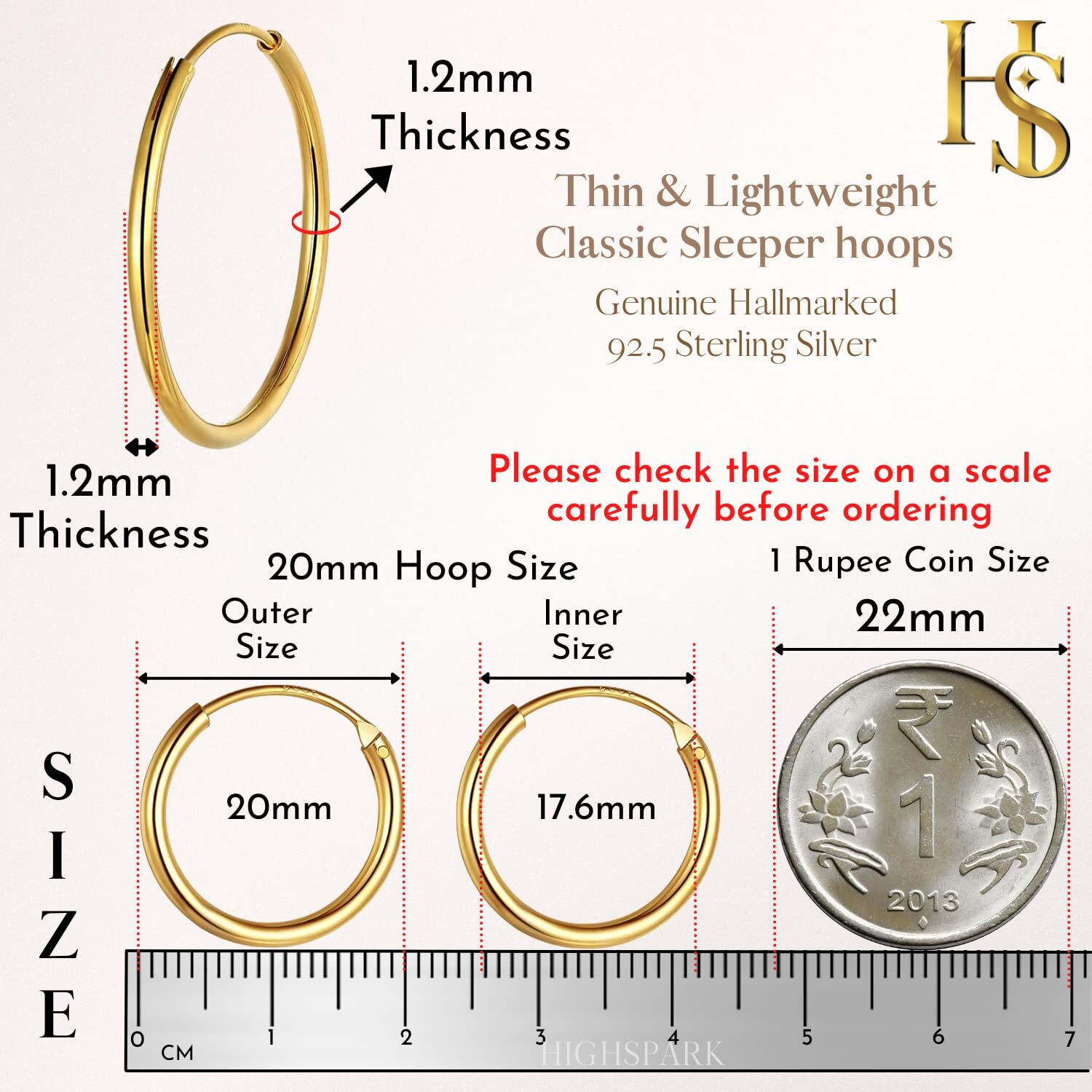 HIGHSPARK 925 Silver Hoop Earrings in Gold Finish | 92.5 Sterling Silver Round Classic Endless Hoops Sizes 10mm to 40mm | Lovely Gift for Men Women Boys & Girls - Gold 20mm