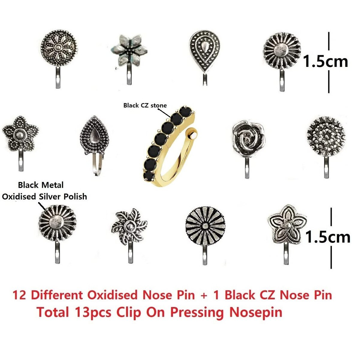 VAMA FASHIONS Without Piercing Nosering Pressing Type Clip on Oxidised Silver nose pin Stud for women (Oxidised nose stud)