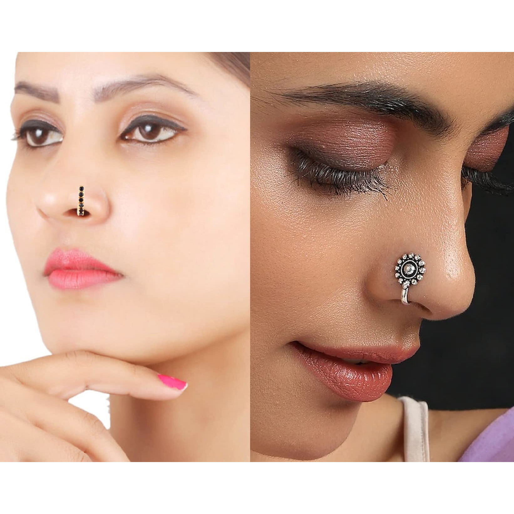 VAMA FASHIONS Without Piercing Nosering Pressing Type Clip on Oxidised Silver nose pin Stud for women (Oxidised nose stud)