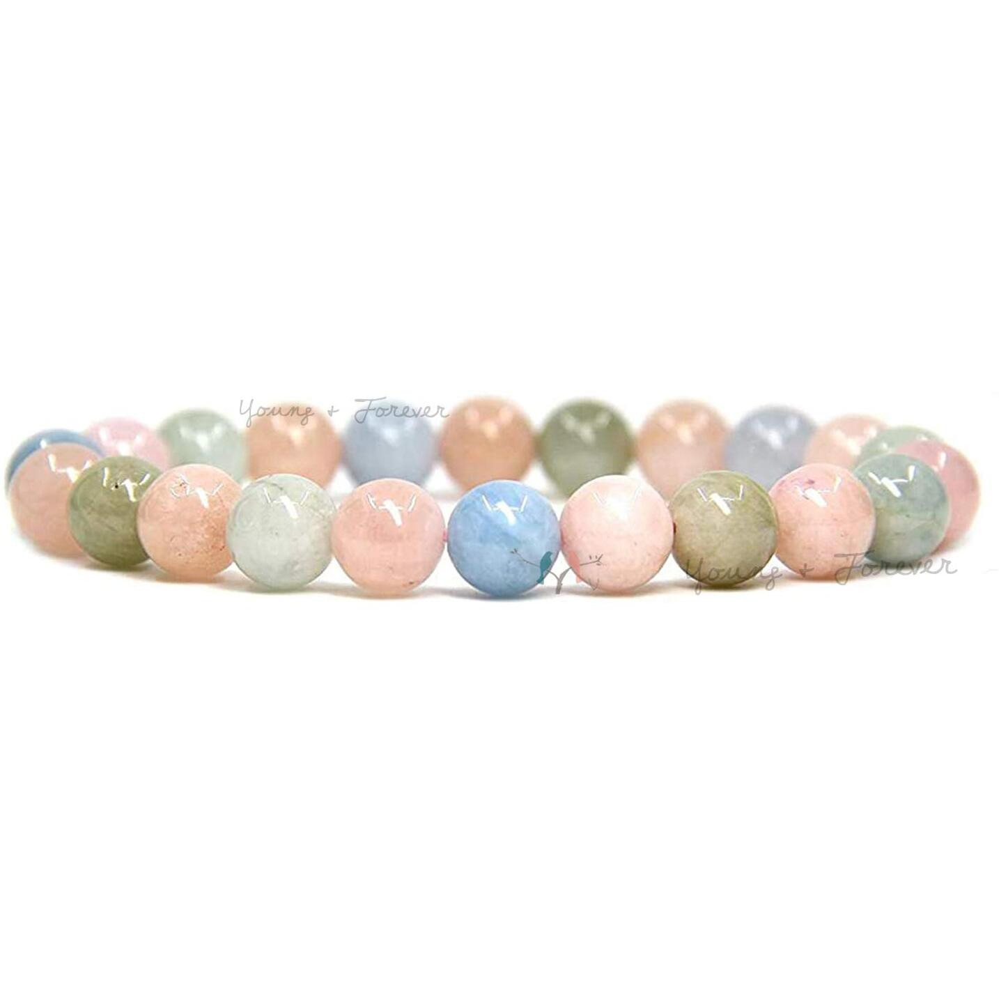 Young & Forever Gift Certified Reiki Crystal Semi Precious Gemstone Rainbow Beryl Morganite Bracelet for Boys and Girls Happiness Healing Stone Stretch for Men and Women