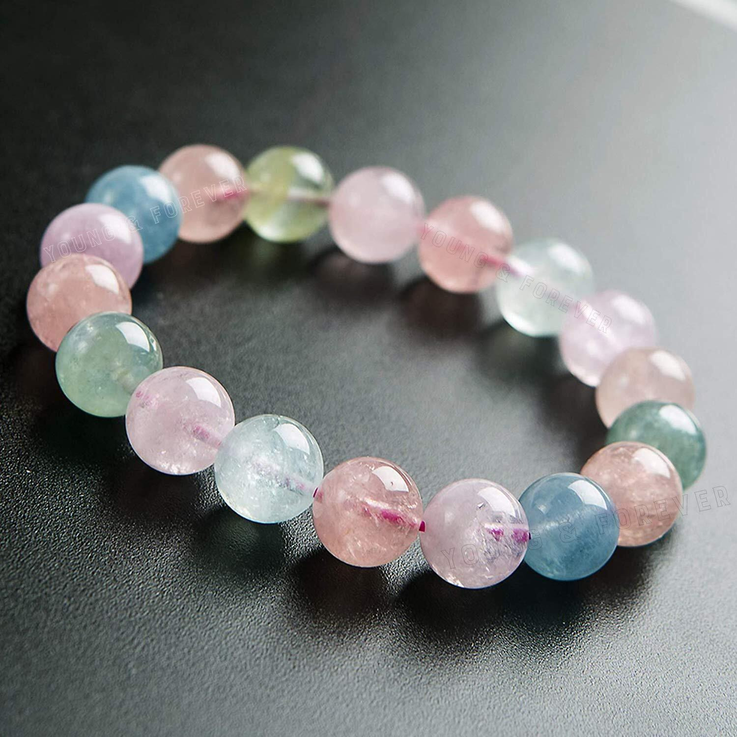 Young & Forever Gift Certified Reiki Crystal Semi Precious Gemstone Rainbow Beryl Morganite Bracelet for Boys and Girls Happiness Healing Stone Stretch for Men and Women