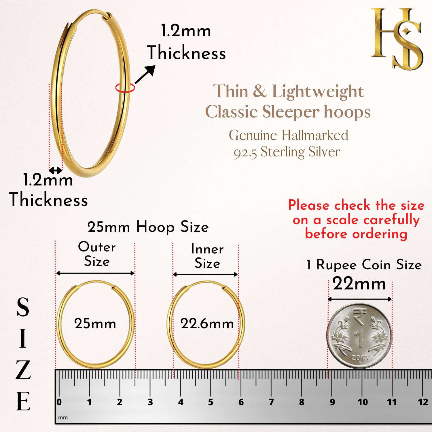 HIGHSPARK 925 Silver Hoop Earrings in Gold Finish | 92.5 Sterling Silver Round Classic Endless Hoops Sizes 10mm to 40mm | Lovely Gift for Men Women Boys & Girls - Gold 25mm