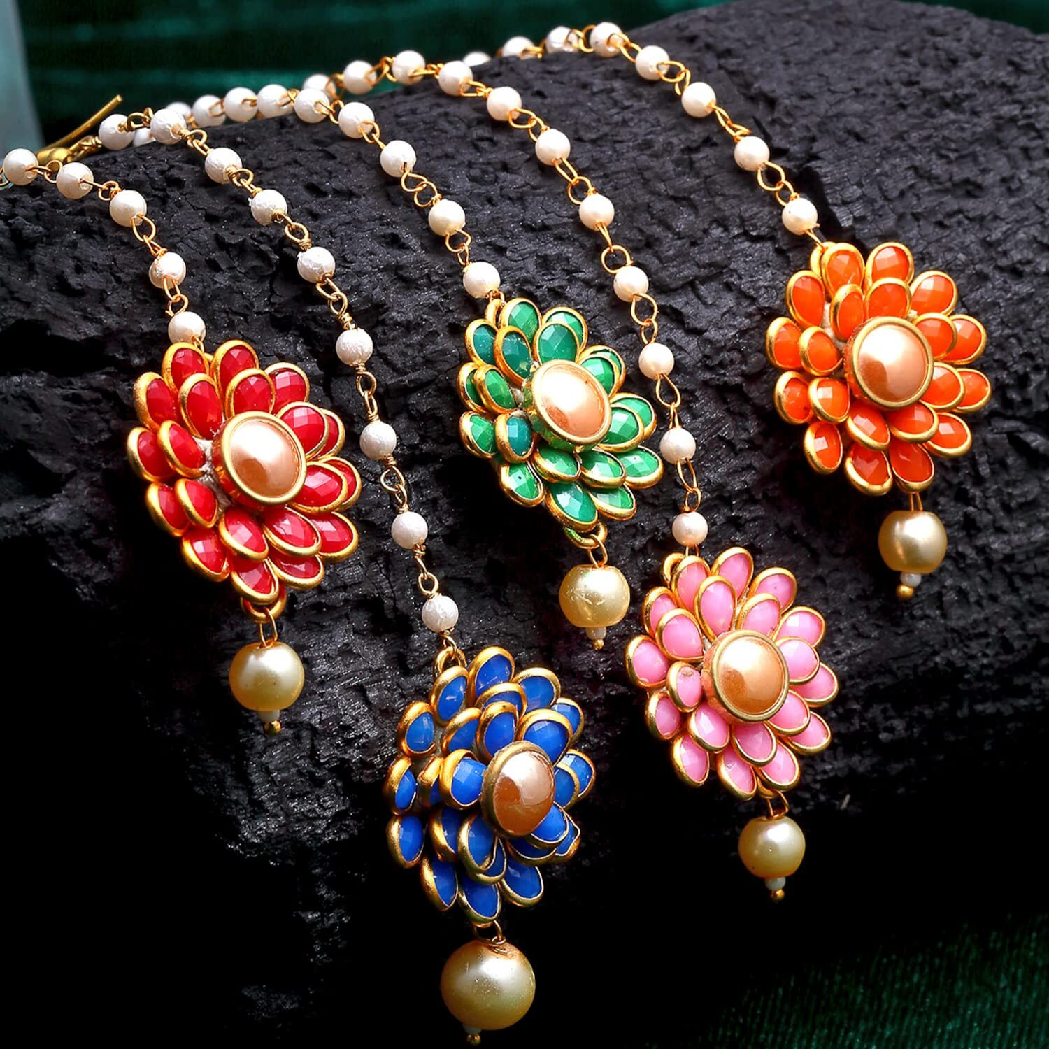 Gold-Plated Pink-Green-Orange-Red-Blue AD with Pearls studded Flower Shaped MaangTikka (Combo Of 5) (Style_01)