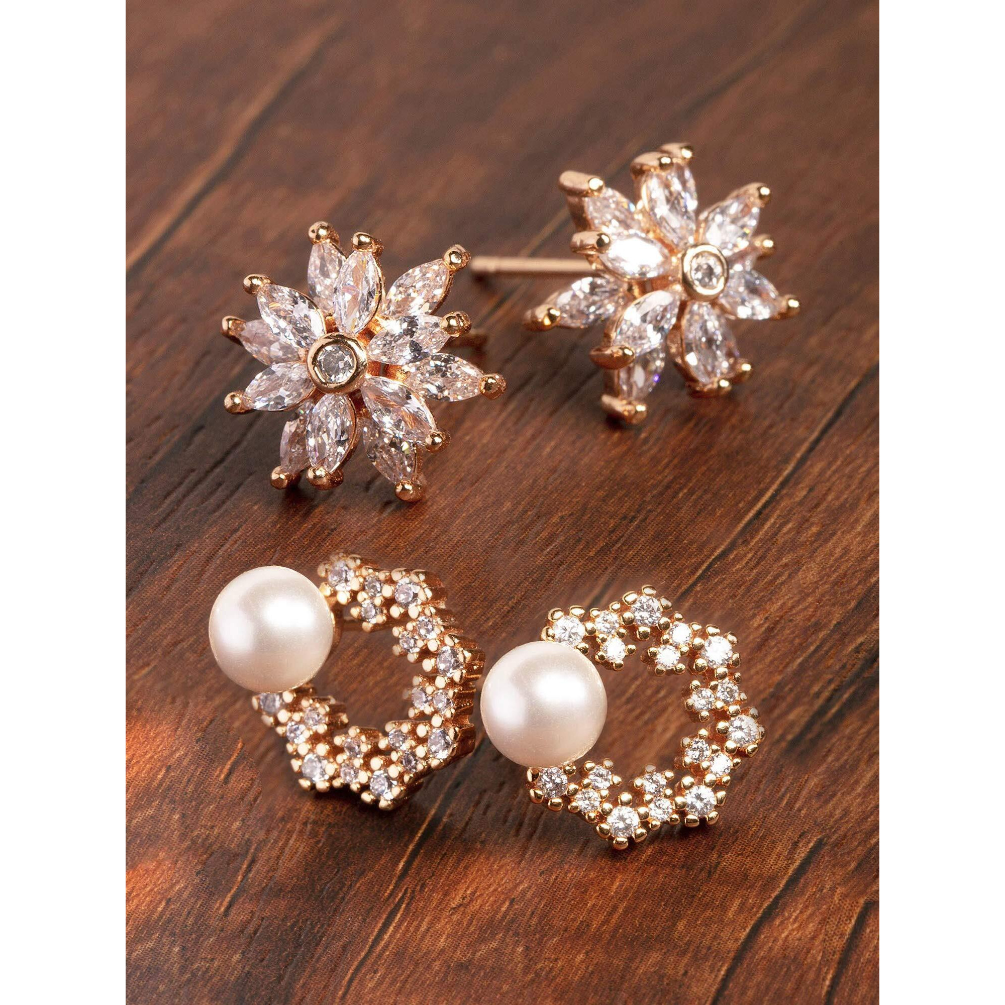 Zaveri Pearls Combo of 2 RoseGold Cubic Zirconia Brass Stud Earrings For Women-ZPFK10217