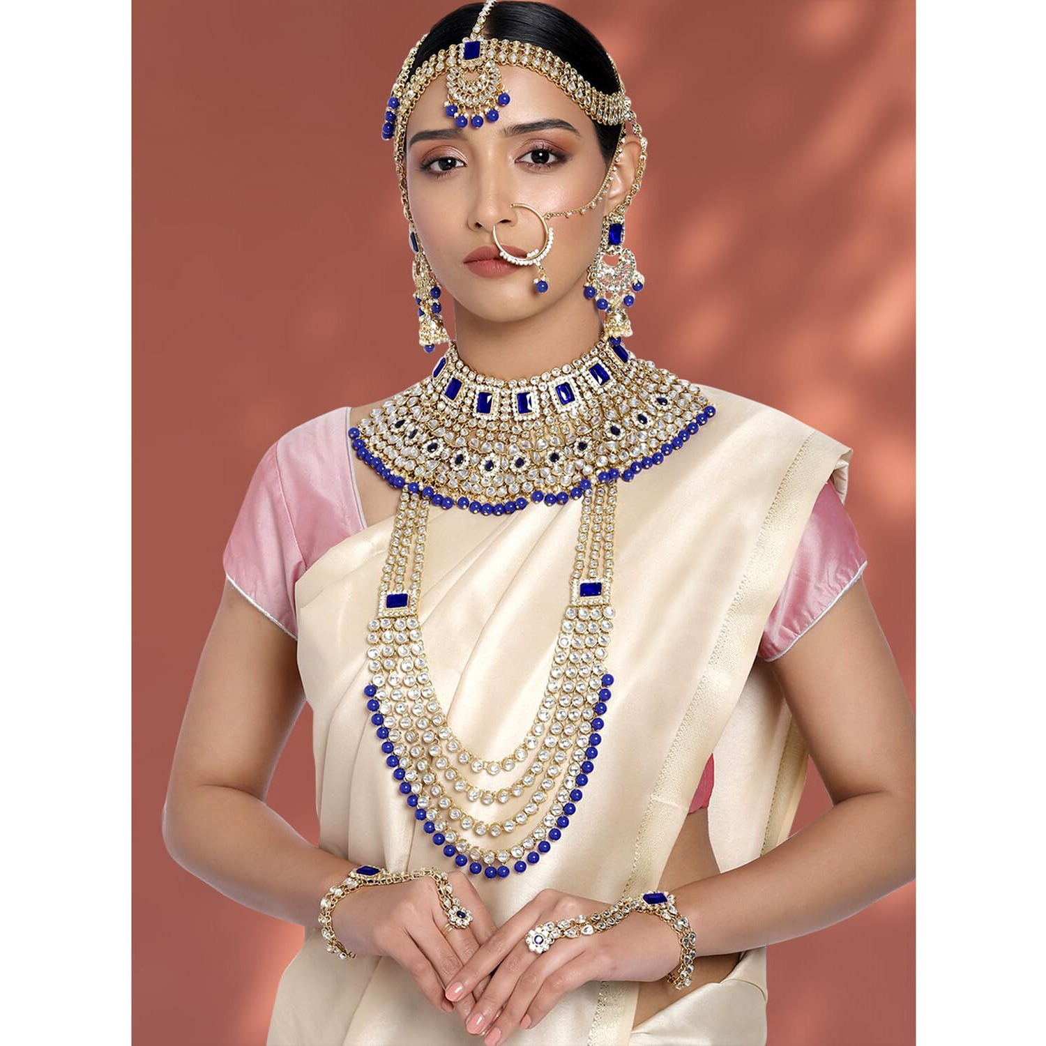 Peora Ethnic Indian Traditional Gold Plated Kundan Dulhan Bridal Jewellery Set with Choker Earrings Maang Tikka Hathphool for Women