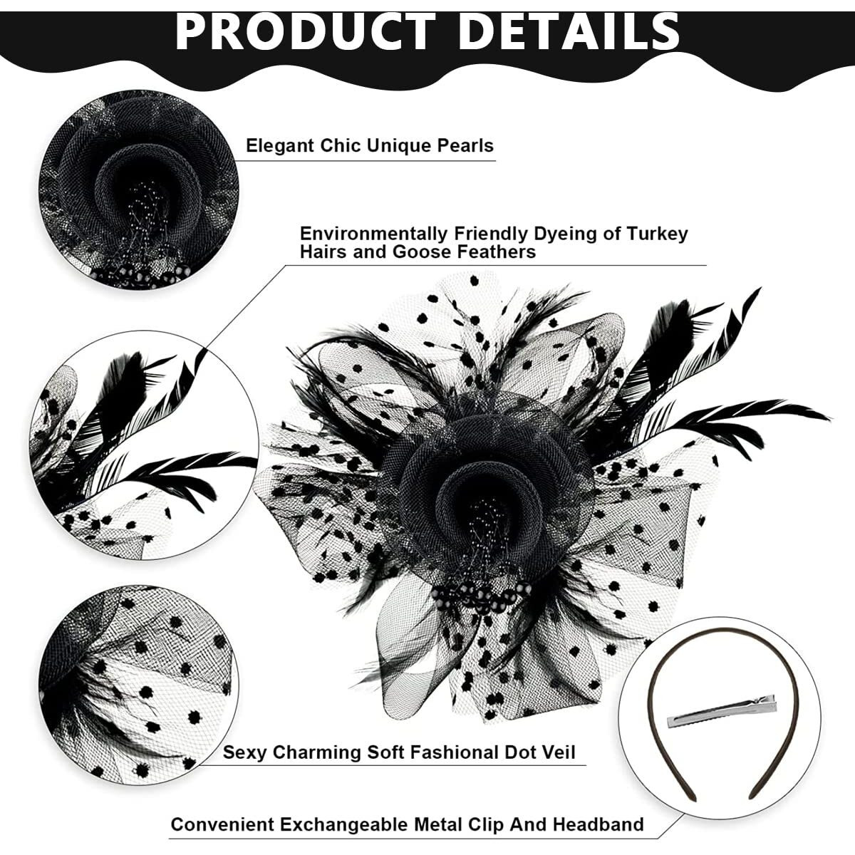 PALAY Black Fascinator Hats for Women Flower Mesh Feathers Headband Cocktail Tea Party Headwear Vintage Ladies Hair Clip Fascinators