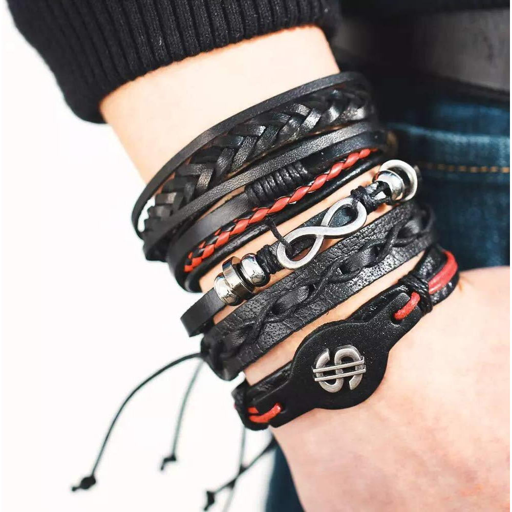 Shining Diva Fashion Black Leather Stylish Bracelet for Men and Boys - Set of 5 (10071b)