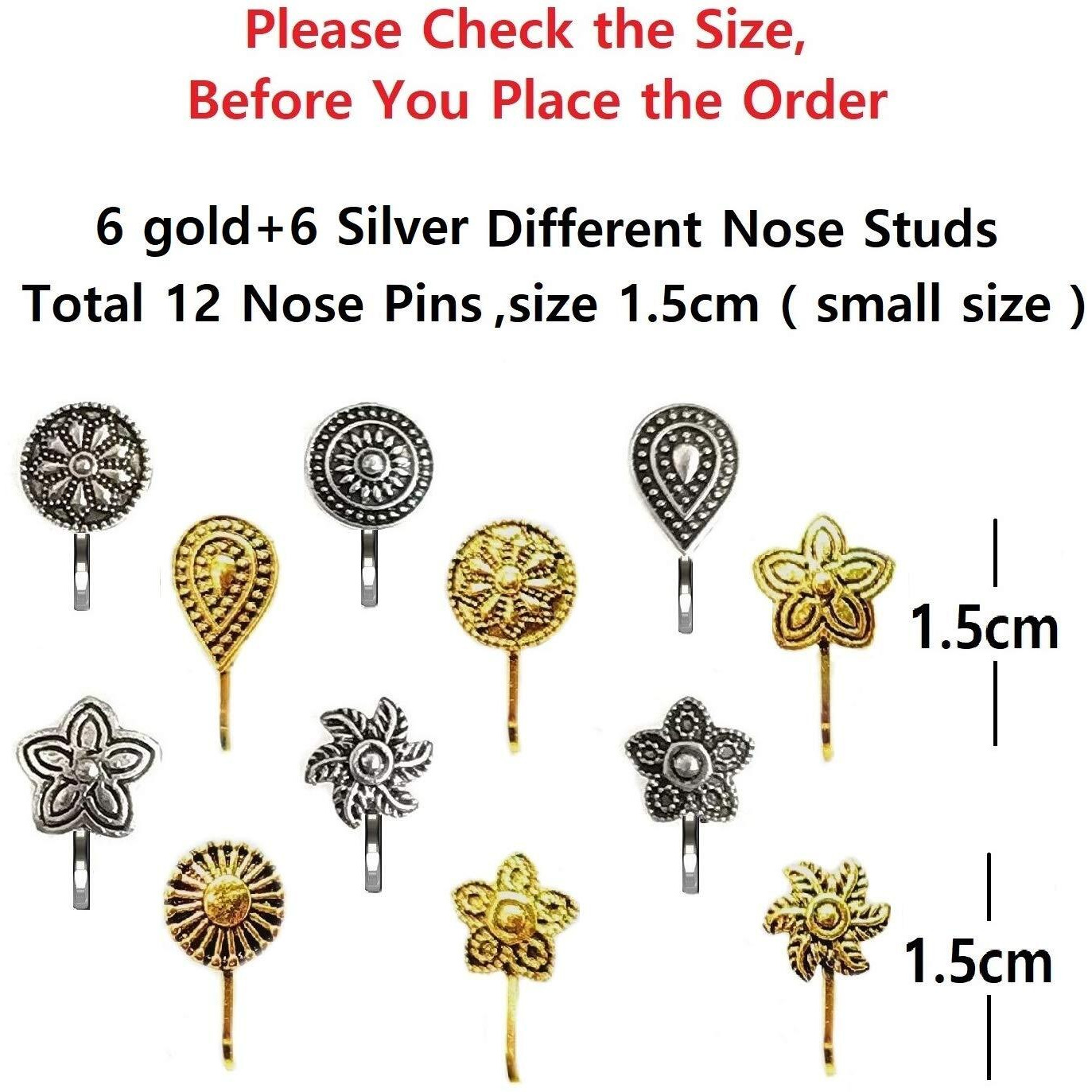 VAMA FASHIONS Without Piercing Nosering Pressing Type Clip on Oxidised Silver nose pin Stud for women (Press on nose pin)