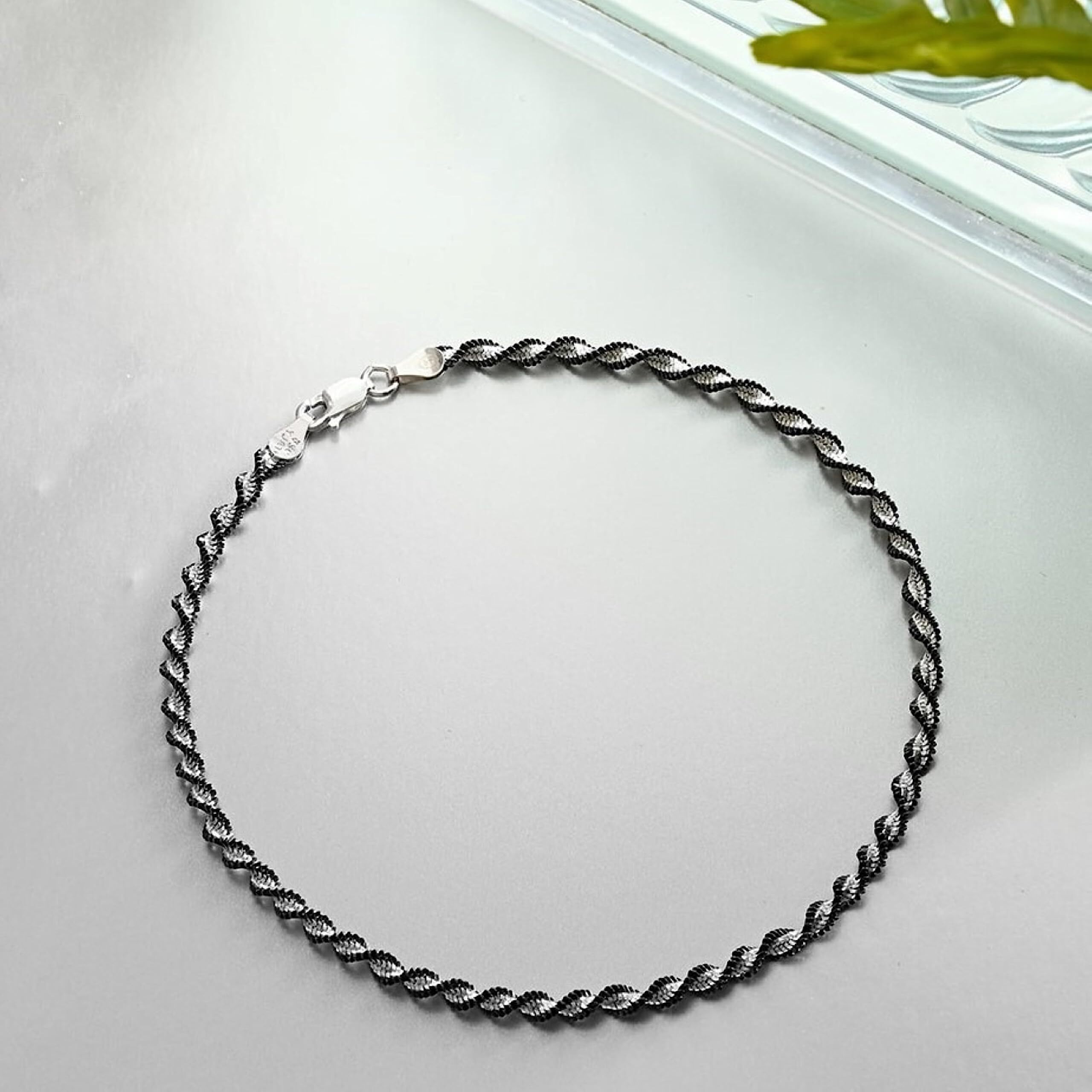 ZAVYA 925 Sterling Silver Designer Twisted Black Chain Rhodium Plated Anklet (Single) | Gift for Women & Girls | With Certificate of Authenticity & 925 Hallmark