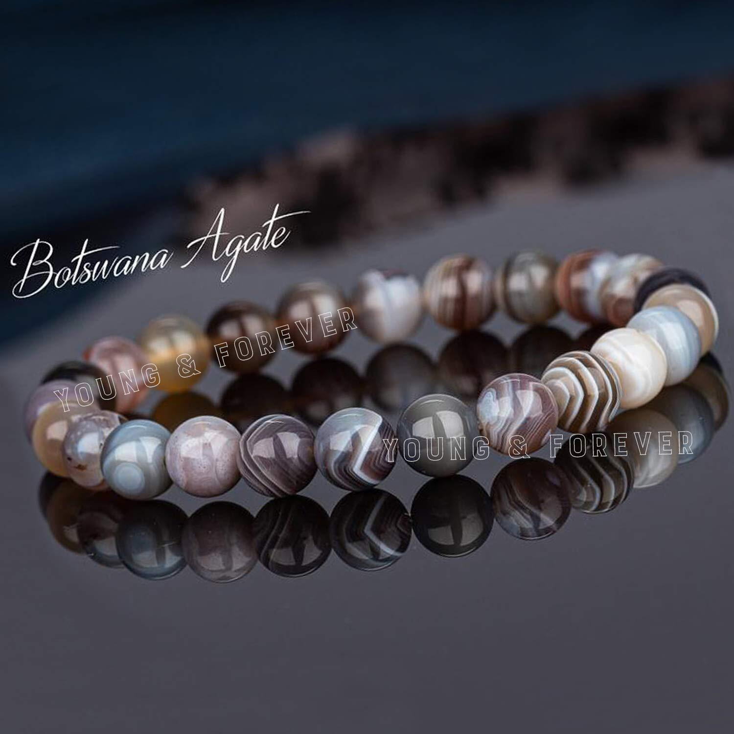 Young & Forever Gift Certified Reiki Crystal Semi Precious Gemstone Botswana Agate Hope and Depression Relief Energy Healing Stone Stretch Bracelet for Men and Women