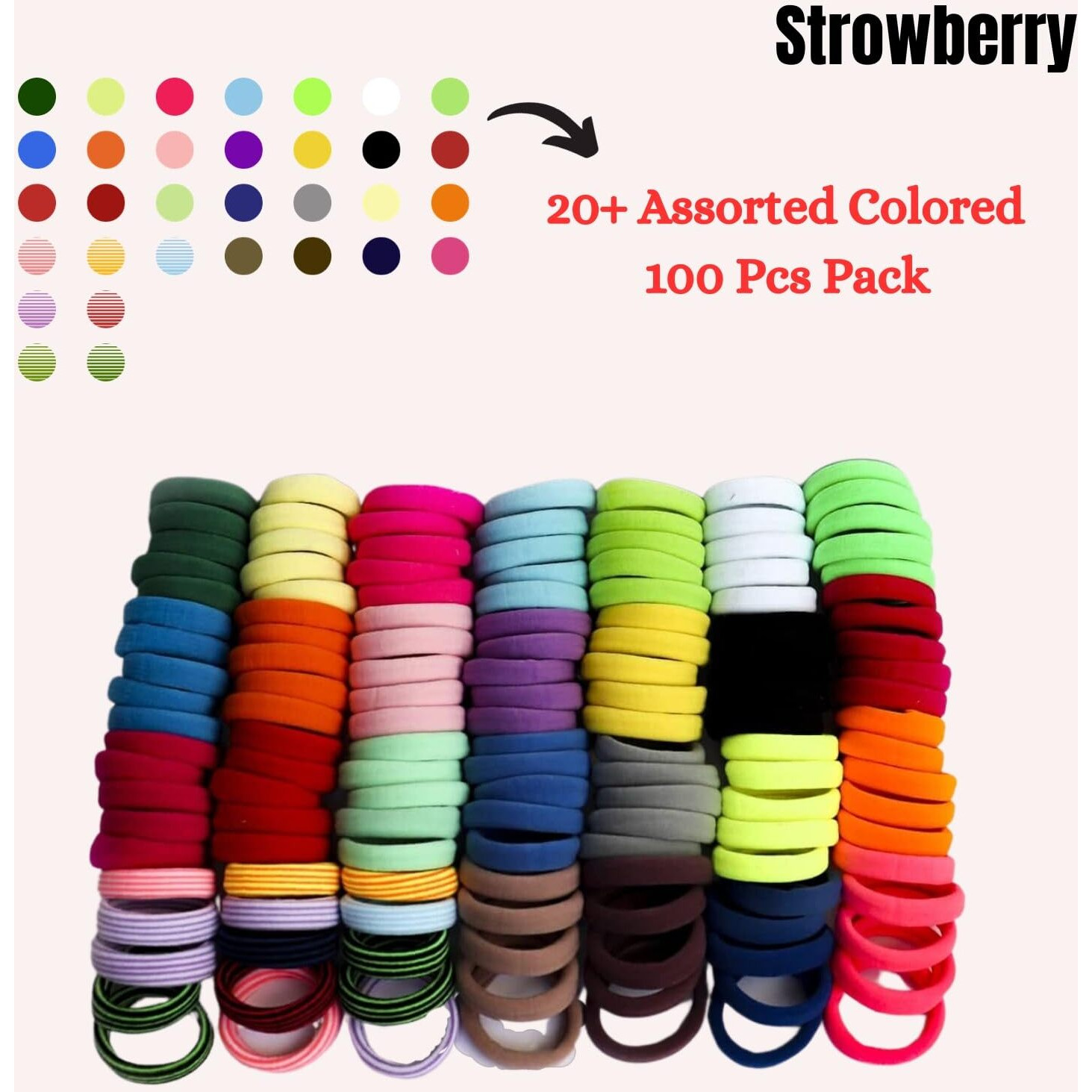 STROWBERRY Elastic Hair Ties For Girls | Soft Seamless Hair Rubber Bands | Ponytail Holders For Women | Strechable Bands | Cotton Hair Elastic Rubber Bands | Tight, Non-slippery Bands (Multicolor, Pack of 100 Pcs)