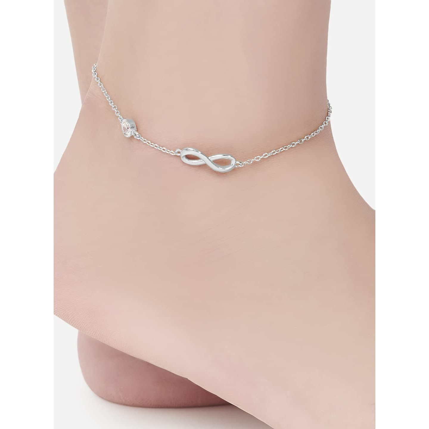 MINUTIAE Infinity Shape Anklet With Solitaire Crystal Diamonds Painjan Payal Leg Chain Foot Jewellery For Women and Girls (Silver)