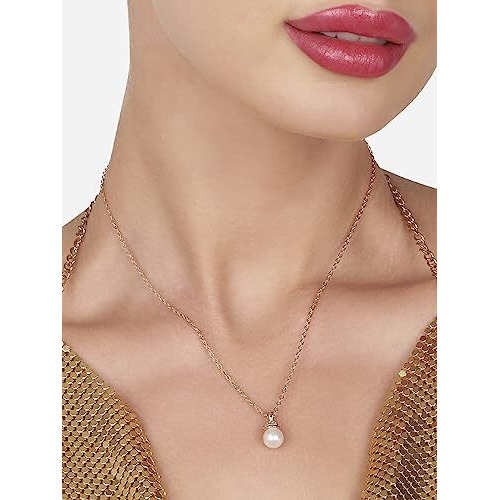 ZAVERI PEARLS Rose Gold Cubic Zirconia Pearl Pendant With Chain Brass Necklace For Women -ZPFK16193