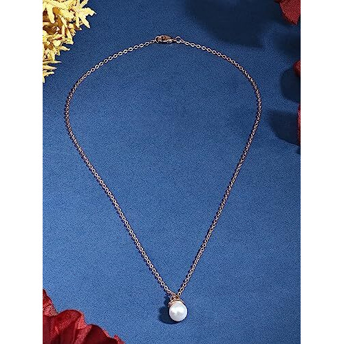 ZAVERI PEARLS Rose Gold Cubic Zirconia Pearl Pendant With Chain Brass Necklace For Women -ZPFK16193