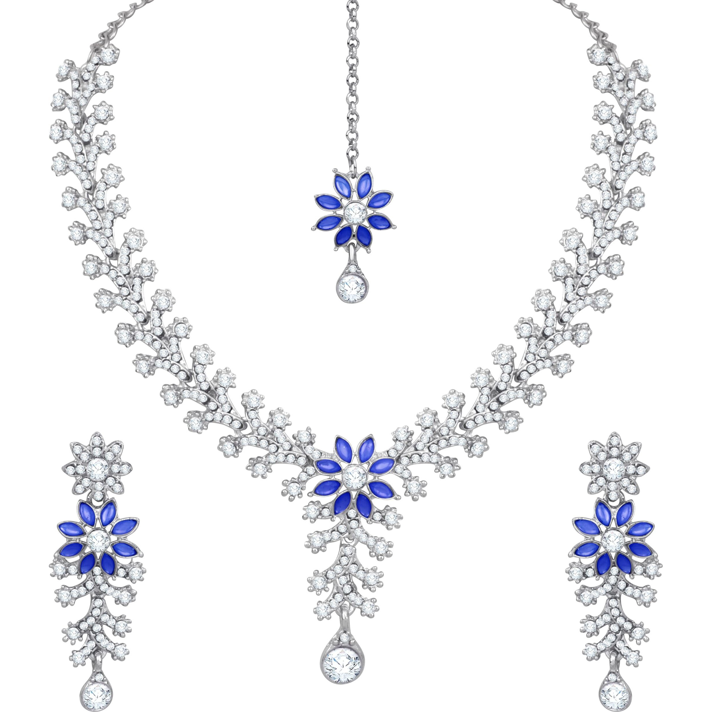 Atasi International Silver Tone Blue & White Crystals Rhodium Plated Alloy Choker Necklace Set For Women